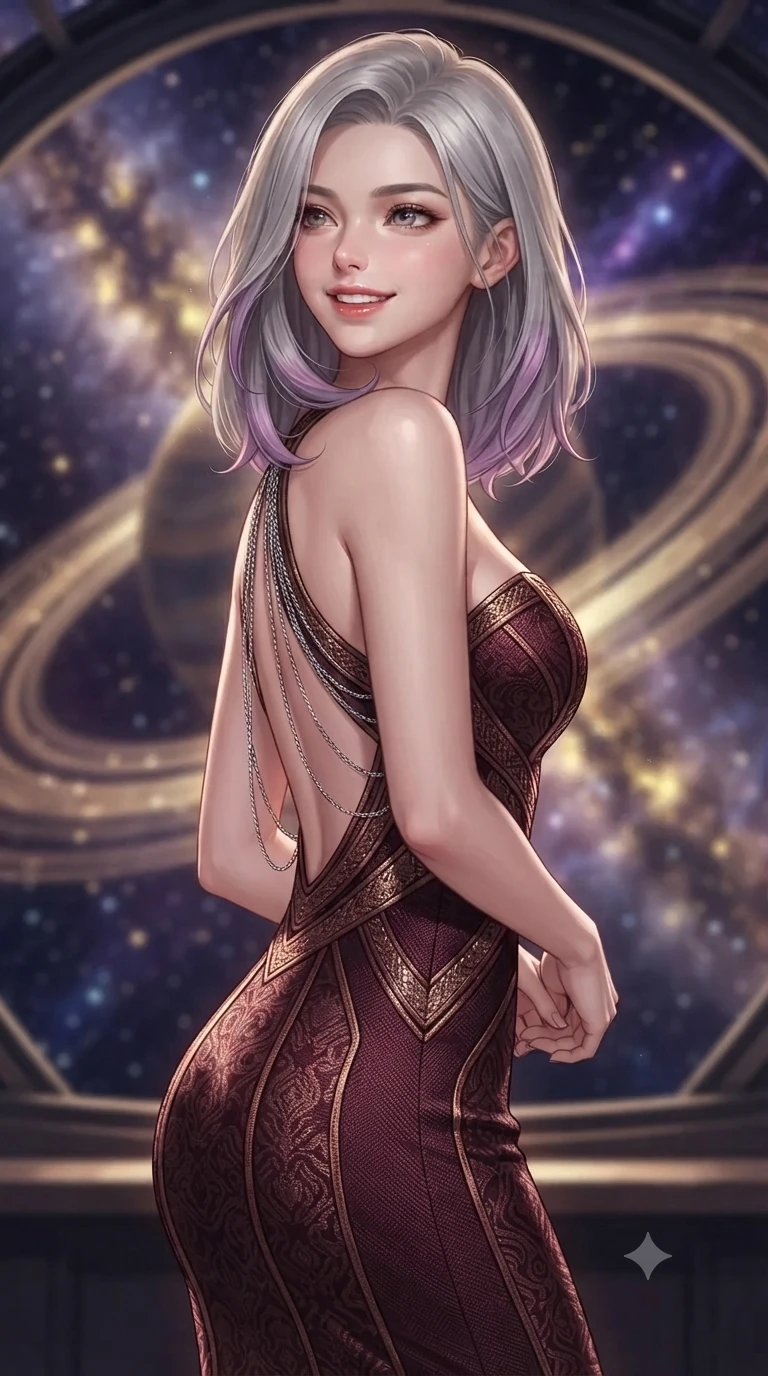 score_9, masterpiece, best quality, ultra-detailed, high-budget anime keyframe, editorial fashion photography, tasteful artistic composition, Caucasian woman. close-up cowboy shot from the waist and thighs up, the character dominates the composition, filling the frame with her large presence. posing in an alluring rear three-quarter angle, looking over a bare shoulder with parted glossy lips, her hips cocked back to highlight her slim hourglass curve while twisting her slender torso in an alluring S-curve, celestial starlight and golden thread pulses highlighting her flat midriff and hips. The background shows a soft-focus spinning concentric brass planetary rings, shimmering threads of liquid gold, and swirling galactic nebulae through the open dome blurred into violet, gold, and sapphire bokeh. She has an exceptionally elegant, slender, and willowy female figure with an ultra-slim waist, flat toned midriff, narrow ribcage, and sculpted feminine hips creating an alluring, slim hourglass silhouette without bulk. sharp v-shaped jawline, high-bridge nose, intricate jewel-like sparkling eyes with depth, thick eyelashes, glossy parted lips with a natural peach sheen, bright cheerful beaming smile with an enchanting and coquettish sensual glint, exuding both youthful cute charm and seductive allure, flawlessly proportioned anatomical accuracy, strict slender model proportions, natural body alignment, perfectly sculpted long slender limbs, ultra-slim waistline, clean dynamic posture without body distortion. wearing a dense bandage knit cocktail dress with sweetheart neckline hugging her delicate ribcage and feminine hips in deep burgundy and bronze accents, woven from structured carbon-fiber jacquard with rich textural depth, accented with an open-back drape framed by falling strands of delicate chrome chains, the impeccably tailored cut draping gracefully along her slender figure with aristocratic poise. bathed in cold diamond starlight contrasted with the radiant warm gold of glowing armillary threads. ultra-reflective glossy finish, specular highlights, rich textural contrasts, high-contrast stereoscopic depth, volumetric dynamic lighting, 2k, ultra detail, master piece, 9:16 ratio