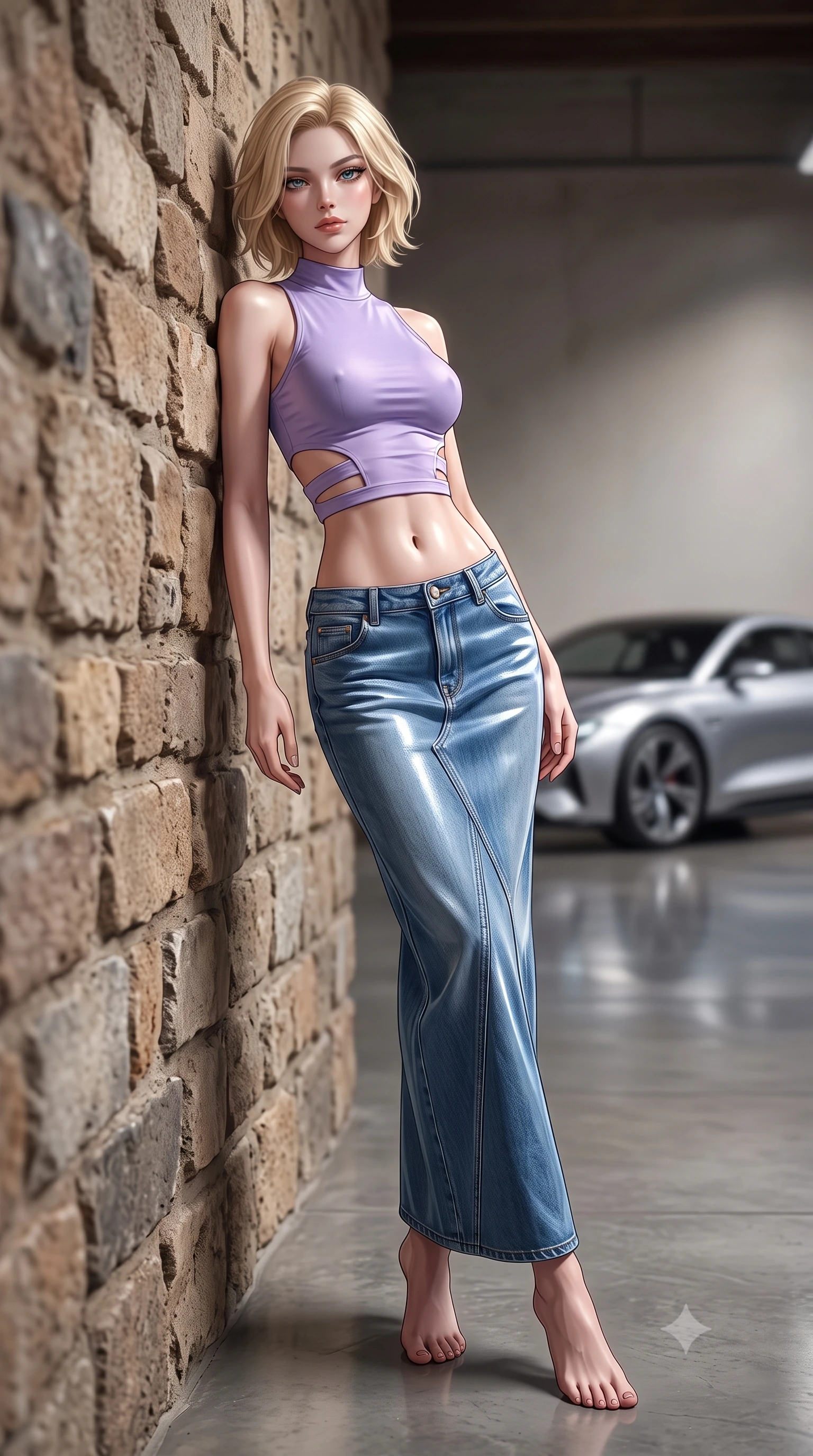 score_9, masterpiece, best quality, ultra-detailed, high-budget anime keyframe, editorial fashion photography, tasteful artistic composition, Caucasian woman. low angle full-body shot from head to toe showing her feet, filling the entire 9:16 vertical frame with her statuesque presence, stretching her vertical silhouette. leaning back against a rustic stone wall, casting a slow, alluring gaze at the camera the background shows a soft-focus an indoor showroom with polished concrete floors reflecting a silver concept car. She has an absolutely perfect, statuesque 8.5-heads proportion, an exceptionally tall and slender model-like female figure with impossibly long slender legs and an ultra-slim waist. sharp v-shaped jawline, high-bridge nose, intricate jewel-like eyes with depth, thick eyelashes, glossy lips with a natural sheen. wearing a tailored modern crop top in lavender cotton paired with a low-rise denim skirt and a subtle waist cut-out. soft spotlighting highlighting the metallic sheen and glossy finish of the outfit. ultra-reflective glossy finish, specular highlights, metallic sheen, high-contrast stereoscopic depth, volumetric dynamic lighting, 2k, ultra detail, master piece, 9:16 ratio