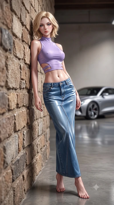 score_9, masterpiece, best quality, ultra-detailed, high-budget anime keyframe, editorial fashion photography, tasteful artistic composition, Caucasian woman. low angle full-body shot from head to toe showing her feet, filling the entire 9:16 vertica