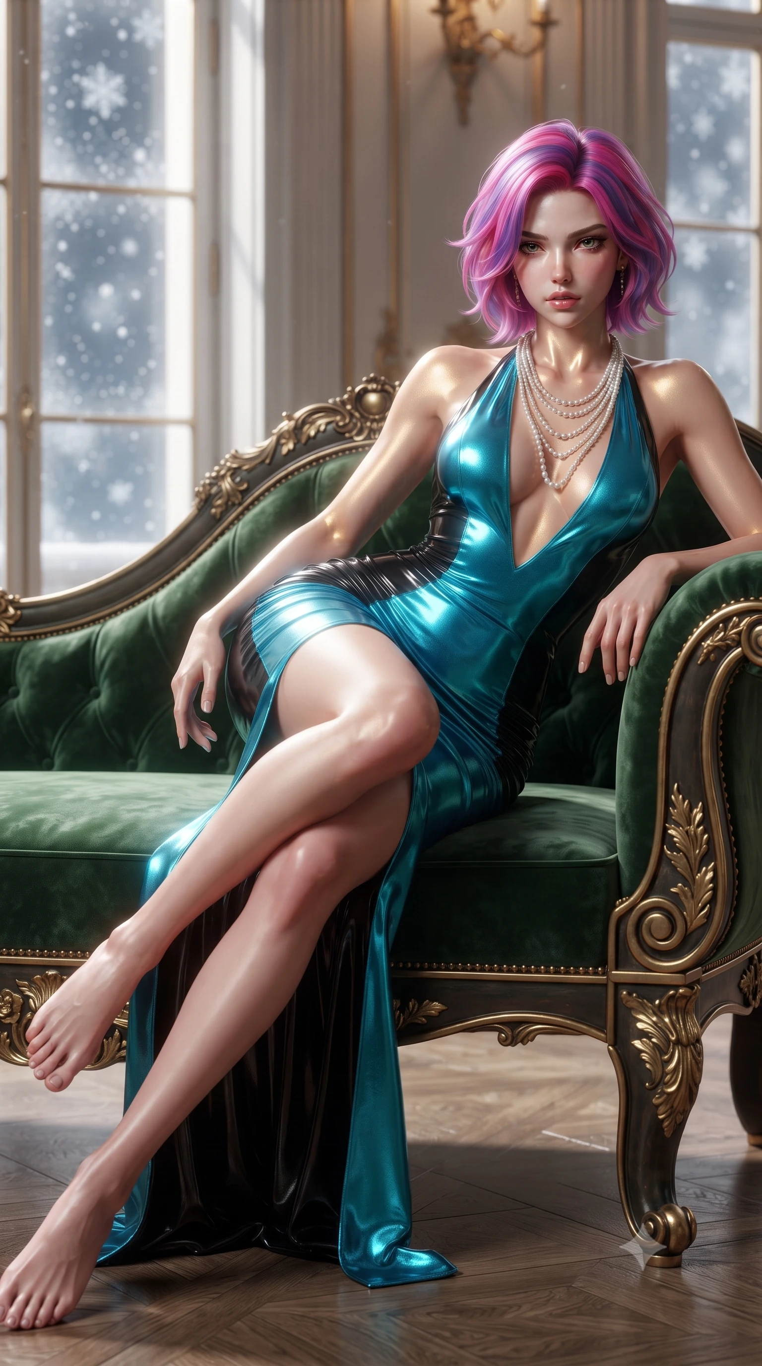 score_9, masterpiece, best quality, ultra-detailed, high-budget anime keyframe, semi-realistic 3D game render, editorial fashion photography, tasteful artistic composition, Caucasian woman. low angle full-body shot from head to toe showing her feet, filling the entire 9:16 vertical frame with her statuesque presence, stretching her vertical silhouette. reclining on her side in an elegant Cleopatra pose with one knee drawn up, the dramatic contour of her rounded hips and long slender legs commanding the 9:16 vertical frame while reclining languidly on an antique Russian imperial chaise longue, her slender waist and feminine curves framed by deep green stone and gold leaf. The composition keeps background elements in soft focus with creamy bokeh. swirling snowflakes outside the grand windows softened in opulent imperial shallow focus. She has an exceptionally tall and slender model-like 8.5-heads proportion, an ultra-slim waist, a flat toned midriff, narrow delicate ribcage, and beautifully sculpted feminine hips creating a graceful, slim hourglass silhouette without any bulky heaviness, with impossibly long slender legs. sharp v-shaped jawline, high-bridge nose, intricate jewel-like eyes with depth, thick eyelashes, glossy parted lips with a natural sheen, intensely captivating and seductive bedroom-eyes expression, flawlessly proportioned anatomical accuracy, strict slender model proportions, natural body alignment, perfectly sculpted long slender limbs, ultra-slim waistline, clean dynamic posture without body distortion. wearing a plunging halter-neck metallic lamé column dress with a dramatic bare spine and hip-defining ruching in neon electric cyan and lacquer black, tailored from water-resistant treated wool gabardine and flexible stretch silk, accented with a multi-strand pearl back necklace cascading down her bare spine to her hips, the form-contouring material adhering flawlessly to her sculpted flat midriff and slender torso, emphasizing her long leg lines and perfectly proportioned willowy build. illuminated by gilded bronze specular reflections accentuating her sculpted collarbones, narrow waist, and curvy hips. highly saturated vibrant anime colors, detailed shading with soft gradients, rich glossy textures, high-contrast stereoscopic depth, volumetric dynamic lighting, master piece, 9:16 ratio