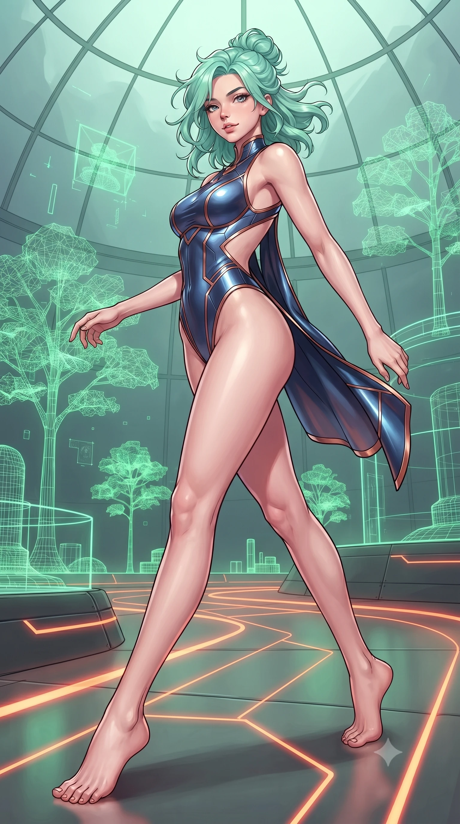 score_9, masterpiece, best quality, ultra-detailed, high-budget anime keyframe, editorial fashion photography, tasteful artistic composition, gorgeous anime illustration, with clean line-art, distinct ink outlines, and high-contrast stereoscopic depth, Japanese woman. low angle full-body shot from head to toe showing her feet, filling the entire 9:16 vertical frame with her statuesque presence, stretching her vertical silhouette. navigating with fluid, playful motion through inside a minimalist glass dome with floating green wireframe trees and glowing neon orange status lines tracing the ground. She has a statuesque 8.5-heads proportion, an exceptionally tall, slender and willowy model-like build with impossibly long legs and a highly sculpted ultra-slim waist. sharp v-shaped jawline, high-bridge nose, intricate jewel-like eyes with depth, thick eyelashes, glossy lips with a natural sheen. wearing a one-piece style bodysuit in metallic navy with copper trim, featuring high-cut legs and an open-back design. cool green wireframe glow combined with warm neon orange lines, creating a high-tech greenhouse lighting setup. 2k, ultra detail, master piece, 9:16 ratio, highly saturated vibrant anime colors, detailed cel-shading with soft gradients, rich glossy textures, deep contrast, volumetric dynamic lighting, 2d animation style