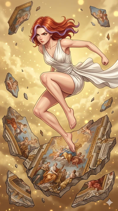 score_9, masterpiece, best quality, ultra-detailed, high-budget anime keyframe, Korean woman. upper body close-up from the thighs up, character filling the screen for maximum presence. propelling herself off digital baroque ceiling fresco shards that
