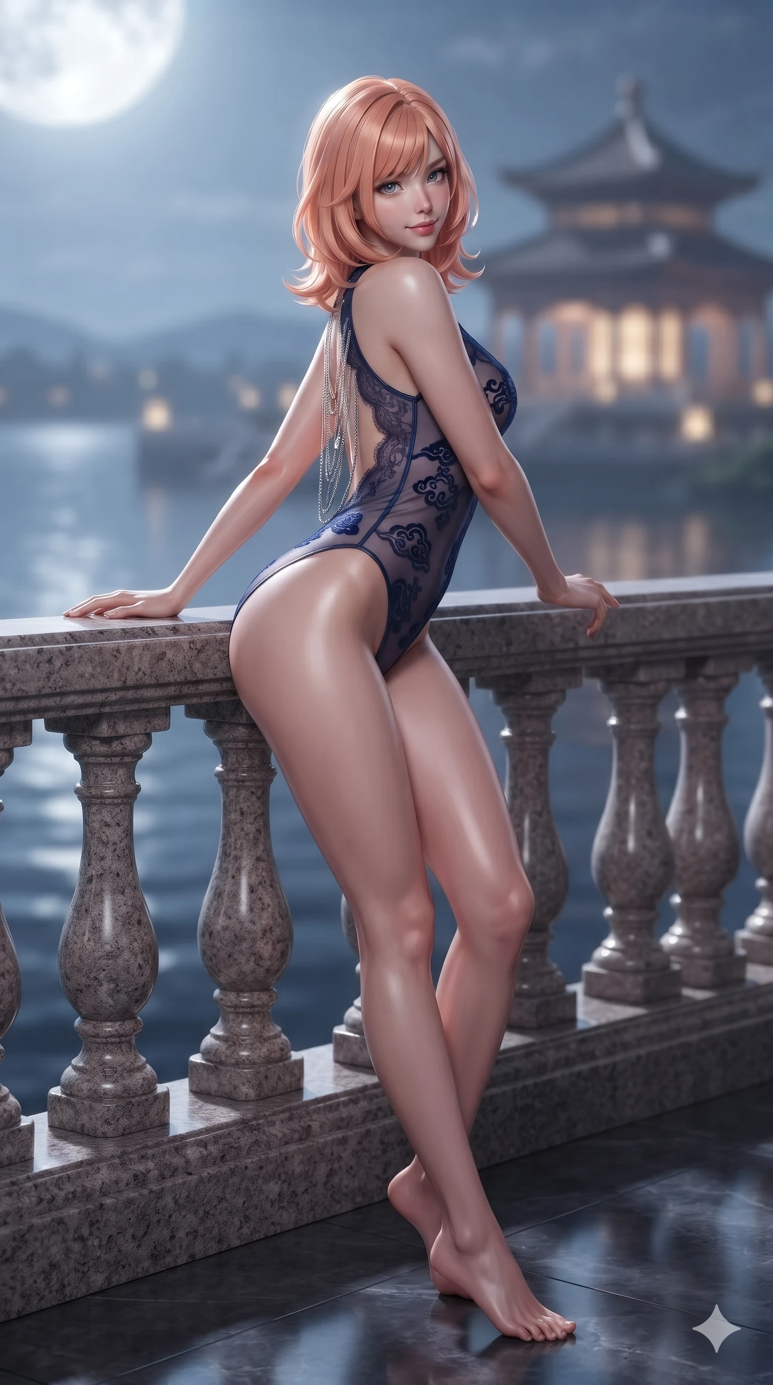 score_9, masterpiece, best quality, ultra-detailed, high-budget anime keyframe, editorial fashion photography, tasteful artistic composition, Japanese woman. low angle full-body shot from head to toe showing her feet, filling the entire 9:16 vertical frame with her statuesque presence, stretching her vertical silhouette. leaning deep against the balcony balustrade with hips cocked back in an unapologetically alluring high-fashion stance, casting an intoxicating glance while leaning back against the carved granite balustrade with hips cocked back, casting an intoxicating, sultry bedroom-gaze over a bare shoulder. The background shows a soft-focus monumental royal banquet pavilion softened in panoramic lake shallow focus. She has an absolutely perfect, statuesque 8.5-heads proportion, an exceptionally tall and slender model-like female figure with impossibly long slender legs, an ultra-slim waist, a flat toned midriff, narrow delicate ribcage, and beautifully sculpted feminine hips creating a graceful, slim hourglass silhouette without any bulky heaviness. sharp v-shaped jawline, high-bridge nose, sparkling eyes with hypnotic seductive depth, thick curled eyelashes, glossy parted lips with a natural dewy peach sheen, alluring bedroom-eyes with an enchanting coquettish smile, exuding magnetic siren charisma and sophisticated glamour, flawlessly proportioned anatomical accuracy, strict slender model proportions, natural body alignment, perfectly sculpted long slender limbs, ultra-slim waistline, clean dynamic posture without body distortion. wearing a provocative sheer-illusion nanotech lace bodysuit with traditional cloud embroidery flocking and high-cut leg openings in midnight indigo and glowing lantern topaz, made of supple butter-soft lambskin leather with a subtle satin sheen, accented with an open-back drape framed by falling strands of delicate chrome chains, the form-fitting cut adhering flawlessly to her sculpted flat midriff and slender torso, emphasizing her long leg lines and perfectly proportioned willowy build. bathed in brilliant 4000K moonbeams sweeping across open palace waters. ultra-reflective glossy finish, specular highlights, rich textural contrasts, high-contrast stereoscopic depth, volumetric dynamic lighting, 2k, ultra detail, master piece, 9:16 ratio