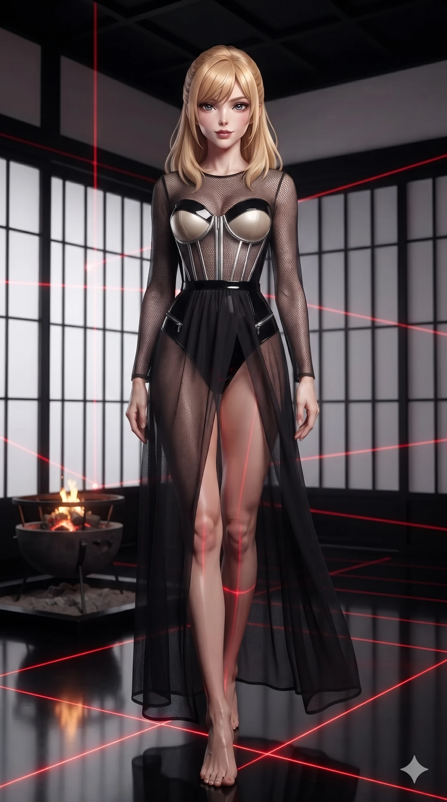 score_9, masterpiece, best quality, ultra-detailed, high-budget anime keyframe, editorial fashion photography, tasteful artistic composition, Caucasian woman. low angle full-body shot from head to toe showing her feet, filling the entire 9:16 vertical frame with her statuesque presence, stretching her vertical silhouette. poised on the dark reflective floor while laser grids scan the room, her statuesque silhouette commanding the frame while sliding smoothly across the charcoal tatami with feline poise, her long slender legs and curvy hourglass hips commanding the frame. The surrounding environment is rendered in vivid detail and crisp panoramic clarity: detailed tailored onyx tux dress drape, fine silk lapel texture, and Japanese minimalist joinery in razor-sharp precision. She has an absolutely perfect, statuesque 8.5-heads proportion, an exceptionally tall and slender model-like female figure with impossibly long slender legs, an ultra-slim waist, a flat toned midriff, narrow delicate ribcage, and beautifully sculpted feminine hips creating a graceful, slim hourglass silhouette without any bulky heaviness. sharp v-shaped jawline, high-bridge nose, intricate jewel-like dark sparkling eyes with hypnotic seductive depth, thick curled eyelashes, glossy parted lips with a natural wine sheen, alluring bedroom-eyes with an enigmatic smoldering smile, exuding magnetic sovereign charisma and dark avant-garde glamour, flawlessly proportioned anatomical accuracy, strict slender model proportions, natural body alignment, perfectly sculpted long slender limbs, ultra-slim waistline, clean dynamic posture without body distortion. wearing a semi-opaque sheer dark chiffon gown revealing a structured bodice silhouette in celestial champagne ivory and high-gloss jet black, made of delicate semi-sheer nanotech mesh with airy hexagonal open-weaves, finished with metallic silver boning and sleek zipper points, the bespoke structured tailoring following the natural line of her 8.5-heads silhouette with refined elegance. bathed in soft diffuse light filtering through black paper shoji screens and glowing charcoal brazier embers. ultra-reflective glossy finish, specular highlights, metallic sheen, high-contrast stereoscopic depth, volumetric dynamic lighting, 2k, ultra detail, master piece, 9:16 ratio