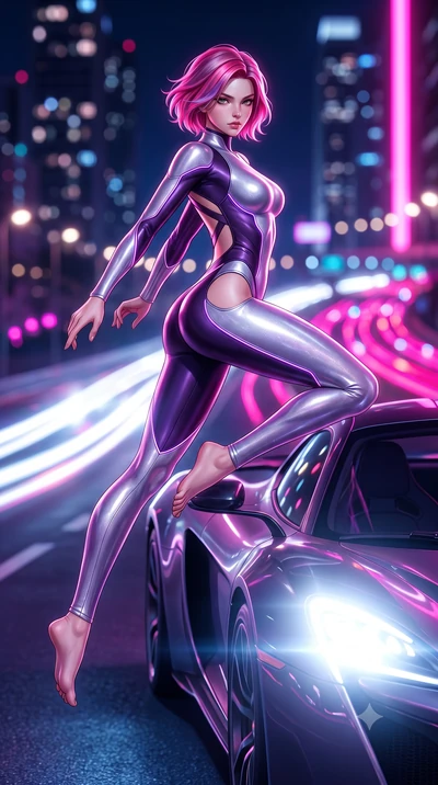 score_9, masterpiece, best quality, ultra-detailed, high-budget anime keyframe, semi-realistic 3D game render, editorial fashion photography, tasteful artistic composition, Caucasian woman. low angle full-body shot from head to toe showing her feet, 