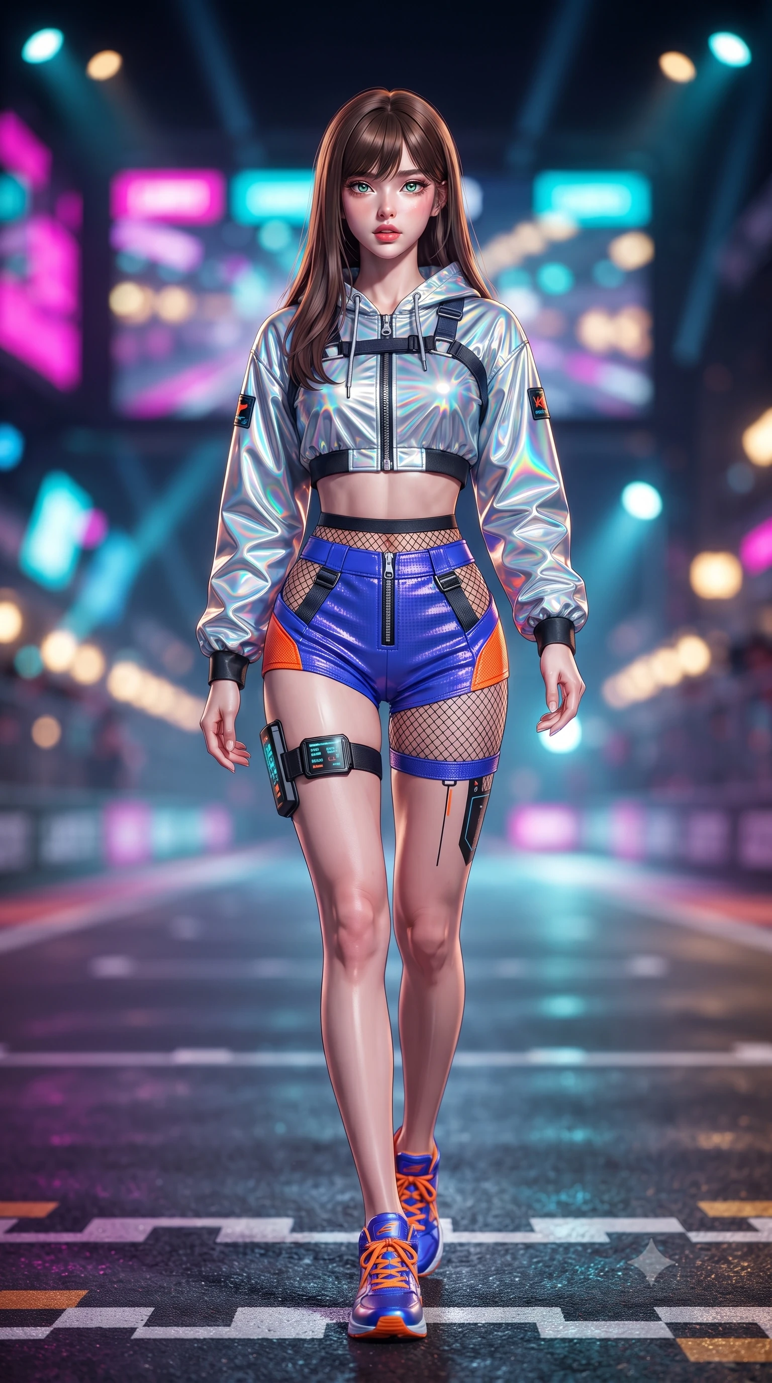 score_9, masterpiece, best quality, ultra-detailed, high-budget anime keyframe, editorial fashion photography, tasteful artistic composition, Korean woman. low angle full-body shot from head to toe showing her feet, filling the entire 9:16 vertical frame with her statuesque presence, stretching her vertical silhouette. striding forward in a proud, dynamic supermodel runway stride, hips swaying in an alluring kinetic rhythm that stretches her silhouette while posing boldly at the center of the illuminated starting grid as giant holographic jumbotrons flash behind her. The composition keeps background elements in soft focus with creamy bokeh. giant LED jumbotron race countdown graphics and sweeping searchlights blurred into electric magenta, turquoise, and gold bokeh. She has an absolutely perfect, statuesque 8.5-heads proportion, an exceptionally tall and slender model-like female figure with impossibly long slender legs, a toned flat midriff, and an ultra-slim waist. sharp v-shaped jawline, high-bridge nose, intricate jewel-like eyes with depth, thick eyelashes, glossy parted lips with a natural sheen, intensely captivating and seductive expression, flawlessly proportioned anatomical accuracy, strict slender model proportions, natural body alignment, perfectly sculpted long slender limbs, ultra-slim waistline, clean dynamic posture without body distortion. wearing a holographic silver crop hoodie paired with high-waisted racing shorts and fishnet accents in electric cobalt blue and high-contrast orange, made of durable ripstop technical nylon with metallic zipper teeth, equipped with a sleek thigh-mounted telemetry display and tactical harness, the sleek tactical cut tightly hugging her graceful clavicle, narrow waist, and athletic curves with statuesque precision. bathed in dynamic color-shifting LED race lights and sweeping white spotlight fill. ultra-reflective glossy finish, specular highlights, rich textural contrasts, high-contrast stereoscopic depth, volumetric dynamic lighting, 2k, ultra detail, master piece, 9:16 ratio