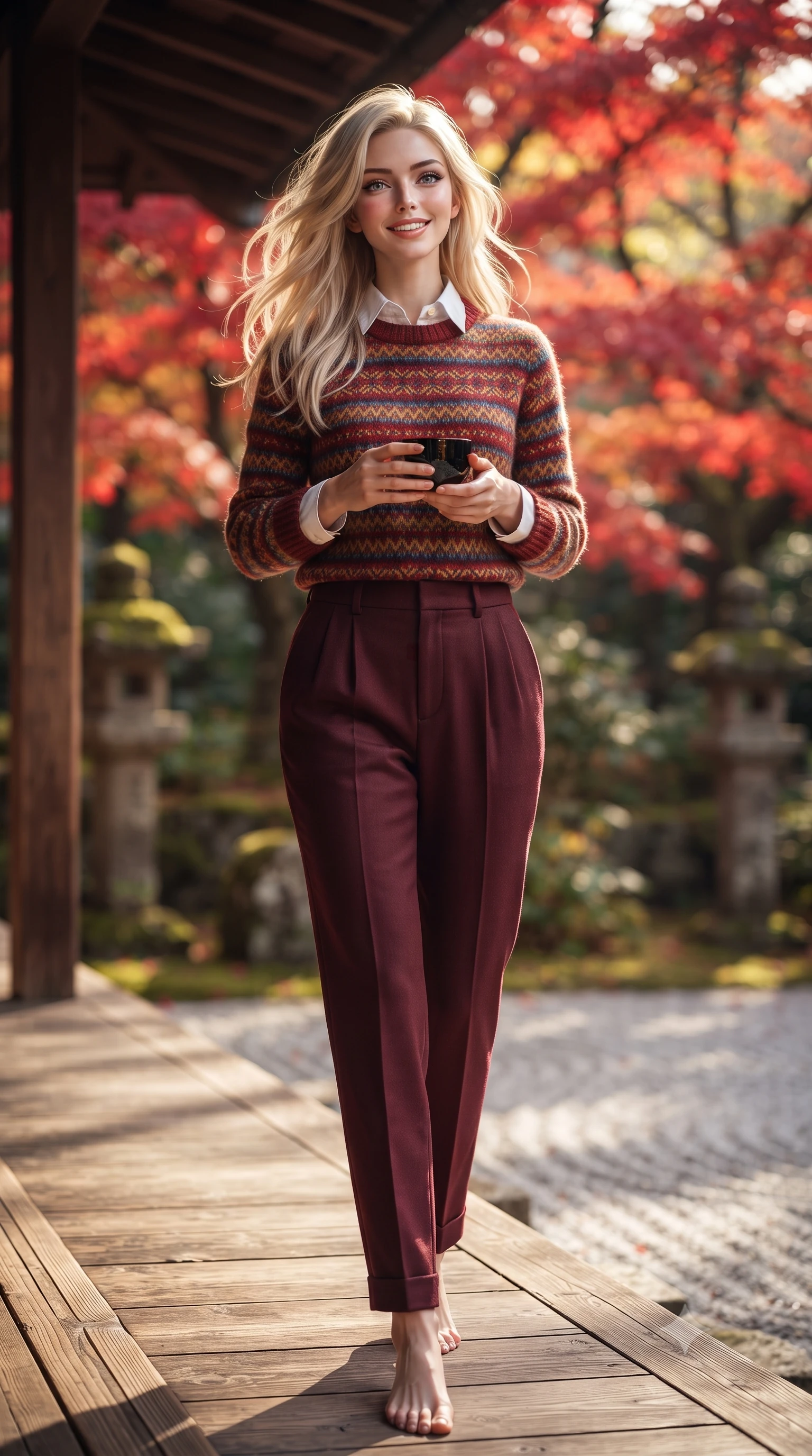 score_9, masterpiece, best quality, ultra-detailed, high-budget anime keyframe, editorial fashion photography, tasteful artistic composition, Caucasian woman. low angle full-body shot from head to toe showing her feet, filling the entire 9:16 vertical frame with her statuesque presence, stretching her vertical silhouette. standing tall and centered in the frame with hands tucked into her coat pockets, radiating statuesque poise and calm warmth while holding a black lacquer teacup with both hands on the veranda, looking up toward the camera with an enchanting, peaceful smile. The background shows a soft-focus vibrant crimson and vermilion Japanese maple leaves, raked white gravel zen patterns, and mossy stone lanterns blurred into scarlet, amber, and moss green bokeh. She has an exceptionally tall and slender model-like 8.5-heads proportion, an ultra-slim waist, a flat toned midriff, narrow delicate ribcage, and beautifully sculpted feminine hips creating a graceful, slim hourglass silhouette without any bulky heaviness, with impossibly long slender legs. sharp v-shaped jawline, high-bridge nose, intricate jewel-like sparkling eyes with depth, thick eyelashes, glossy parted lips with a natural peach sheen, bright cheerful beaming smile with an enchanting and coquettish sensual glint, exuding both youthful cute charm and seductive allure, flawlessly proportioned anatomical accuracy, strict slender model proportions, natural body alignment, perfectly sculpted long slender limbs, ultra-slim waistline, clean dynamic posture without body distortion. wearing a Fair Isle patterned lambswool knit sweater layered over an Oxford button-down shirt with pleated wool trousers in rich Oxford burgundy and golden amber, crafted from ultra-soft Mongolian cashmere with exquisite insulating warmth and tactile softness, complemented by classic polished leather oxfords with brogue perforations, the expertly draped wool fabric falling in crisp fluid lines along her tall 8.5-heads silhouette, celebrating her slender frame without excess fabric bulk. bathed in filtered golden autumn sunlight dappled through brilliant red and orange maple foliage. ultra-reflective glossy finish, specular highlights, rich textural contrasts, high-contrast stereoscopic depth, volumetric dynamic lighting, 2k, ultra detail, master piece, 9:16 ratio