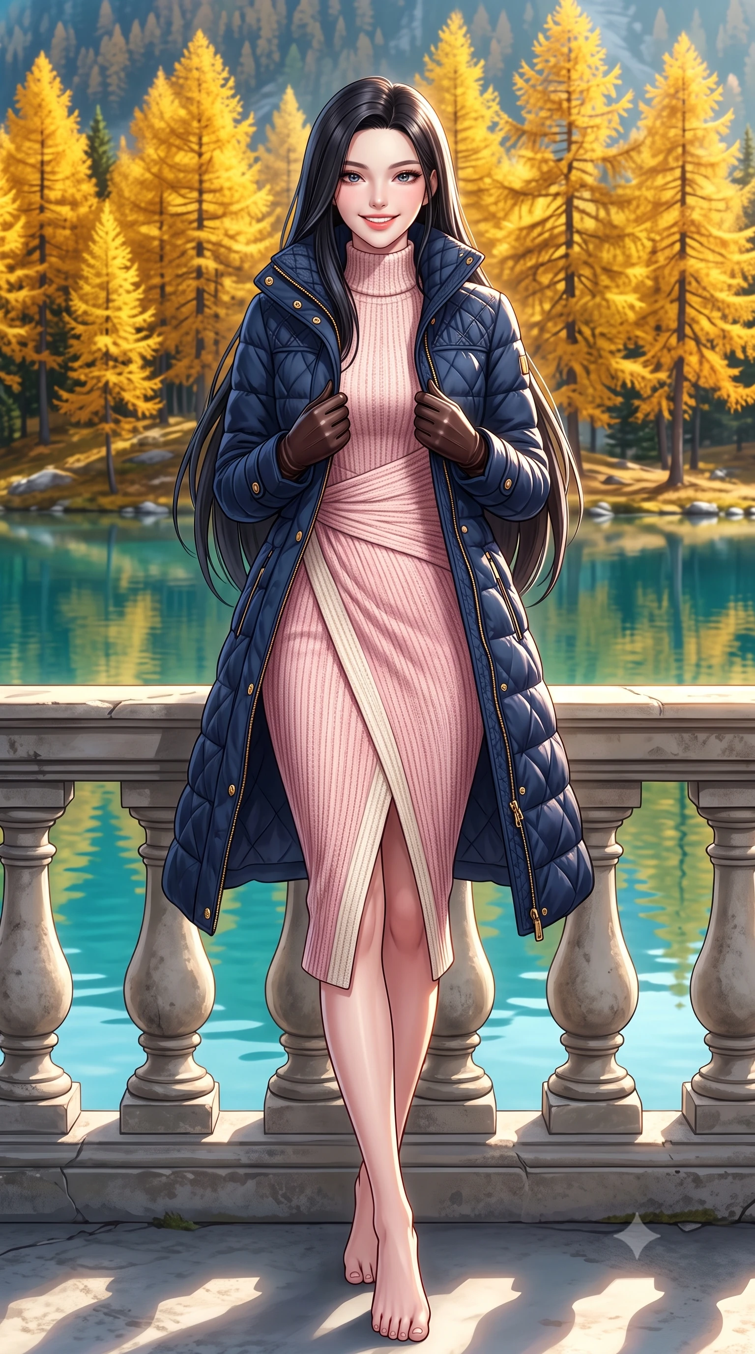 score_9, masterpiece, best quality, ultra-detailed, high-budget anime keyframe, semi-realistic 3D game render, editorial fashion photography, tasteful artistic composition, Korean woman. low angle full-body shot from head to toe showing her feet, filling the entire 9:16 vertical frame with her statuesque presence, stretching her vertical silhouette. standing poised beside the classical stone balustrade with one foot slightly forward, arching her lower back with regal supermodel grace while pausing beneath a stand of brilliant golden larch trees reflecting in the turquoise water, holding her coat lapels with refined elegance. The surrounding environment is rendered in vivid detail and crisp panoramic clarity: detailed quilted down-tailored coat quilting, high funnel neck collar, and alpine lakeside topography in high resolution. She has an exceptionally tall and slender model-like 8.5-heads proportion, an ultra-slim waist, a flat toned midriff, narrow delicate ribcage, and beautifully sculpted feminine hips creating a graceful, slim hourglass silhouette without any bulky heaviness, with impossibly long slender legs. sharp v-shaped jawline, high-bridge nose, intricate jewel-like sparkling eyes with depth, thick eyelashes, glossy parted lips with a natural peach sheen, bright cheerful beaming smile with an enchanting and coquettish sensual glint, exuding both youthful cute charm and seductive allure, flawlessly proportioned anatomical accuracy, strict slender model proportions, natural body alignment, perfectly sculpted long slender limbs, ultra-slim waistline, clean dynamic posture without body distortion. wearing a body-hugging asymmetrical-wrap ribbed knit midi dress with fluid stretch fabric tracing her curvaceous hips in Parisian pastel rose bouclé and cream pearl, made of high-gauge compact silk knit that hugs her curves with seamless sculpted precision, complemented by buttery leather opera gloves tracing her slender arms with sleek polish, the second-skin tailored fabric adhering flawlessly to her sculpted flat midriff and slender torso, emphasizing her long leg lines and perfectly proportioned willowy build. illuminated by frosted ground bounce and sharp crystalline rim lights defining her features, narrow waist, and statuesque height. highly saturated vibrant anime colors, detailed shading with soft gradients, rich glossy textures, high-contrast stereoscopic depth, volumetric dynamic lighting, master piece, 9:16 ratio