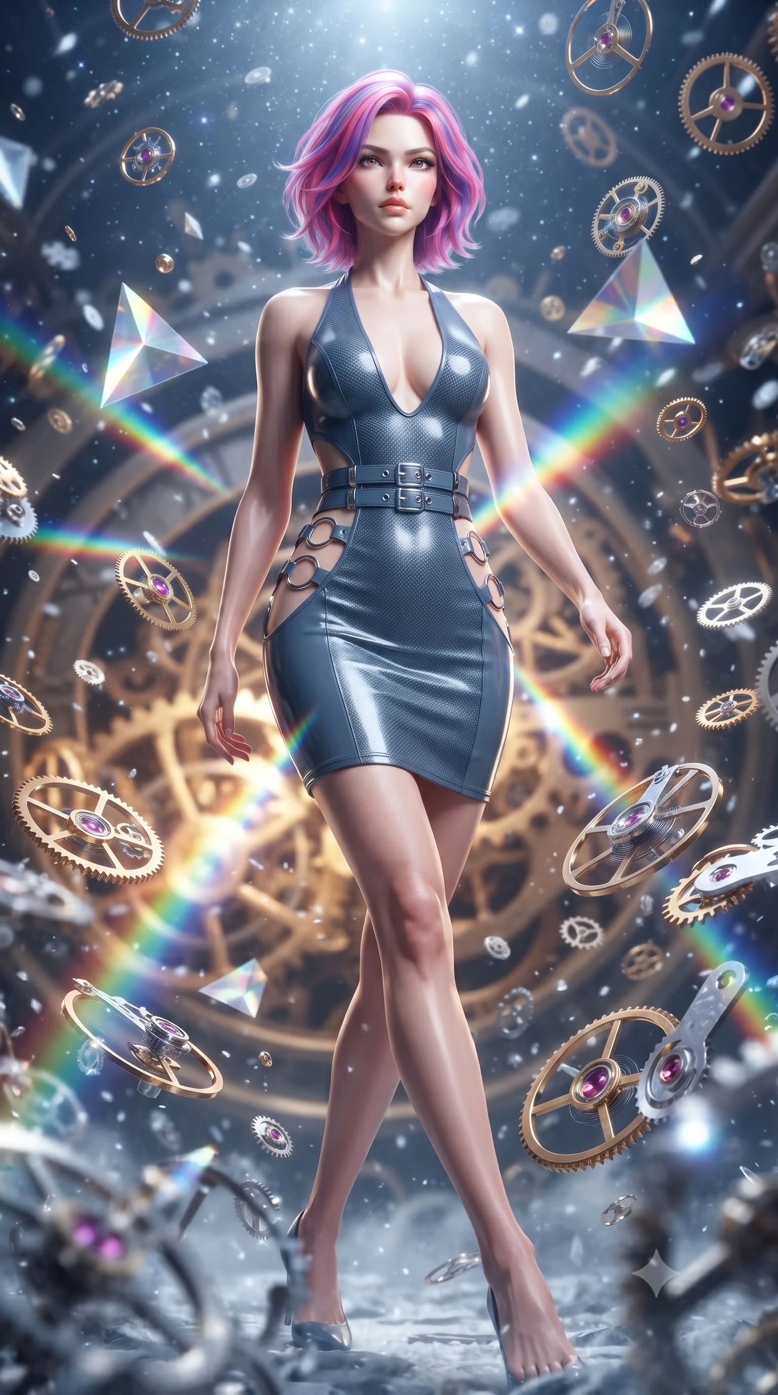 score_9, masterpiece, best quality, ultra-detailed, high-budget anime keyframe, editorial fashion photography, tasteful artistic composition, Caucasian woman. low angle full-body shot from head to toe showing her feet, filling the entire 9:16 vertical frame with her statuesque presence, stretching her vertical silhouette. stepping forward in a proud dynamic stride, her vertical silhouette filling the frame with statuesque presence while forging forward through a blizzard of floating analog clockwork parts in mid-air, floating prism gears scattering brilliant rainbow light beams across her statuesque build. She has an absolutely perfect, statuesque 8.5-heads proportion, an exceptionally tall and slender model-like female figure with impossibly long slender legs and an ultra-slim waist. sharp v-shaped jawline, high-bridge nose, intricate jewel-like eyes with depth, thick eyelashes, glossy lips with a natural sheen, flawlessly proportioned anatomical accuracy, natural body alignment, perfectly sculpted elegant limbs, clean dynamic posture without body distortion. wearing a deep-scoop halter bodycon dress with hip cutouts connected by silver rings in slate blue and metallic silver, made of fine carbon-fiber weave and soft matte leather, detailed with polished silver buckles along the waistline, the form-contouring material highlighting her ultra-slim waist and long lines. bathed in brilliant starlight and warm golden inner glow from the clockwork citadel. ultra-reflective glossy finish, specular highlights, metallic sheen, high-contrast stereoscopic depth, volumetric dynamic lighting, 2k, ultra detail, master piece, 9:16 ratio