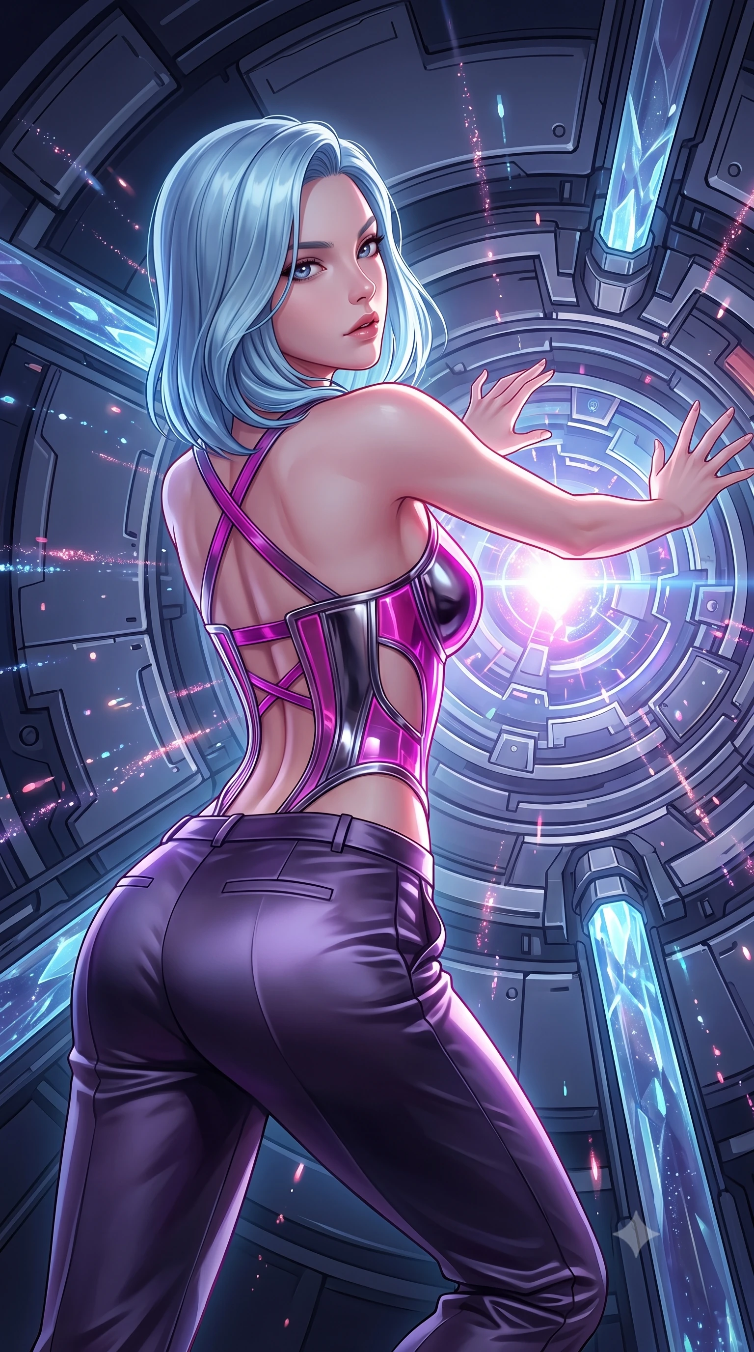 score_9, masterpiece, best quality, ultra-detailed, high-budget anime keyframe, semi-realistic 3D game render, editorial fashion photography, tasteful artistic composition, Korean woman. close-up cowboy shot from the waist and thighs up, the character dominates the composition, filling the frame with her large presence. stretching forward with an alluring arch of her spine, glancing over her shoulder with divine self-assurance and magnetic intensity while arching her spine in a fluid zero-gravity stretch with arms outstretched toward the glowing heart of the warp core. The surrounding environment is rendered in vivid detail and crisp panoramic clarity. sharp magnetic ring mechanical seams, distinct glowing particle trails, and crystalline conduit facets in deep focus. She has an exceptionally elegant, slender, and willowy female figure with an ultra-slim waist, a gracefully sculpted slender torso, toned flat midriff, and a refined slim silhouette. sharp v-shaped jawline, high-bridge nose, intricate jewel-like eyes with depth, thick eyelashes, glossy lips with a natural sheen, flawlessly proportioned anatomical accuracy, strict slender model proportions, natural body alignment, perfectly sculpted long slender limbs, ultra-slim waistline, clean dynamic posture without body distortion. wearing a structured translucent cyber-corset paired with tailored high-fashion satin trousers that sharply cinch her ultra-slim waist in vibrant electric magenta and ultra-reflective dark titanium, crafted from ultra-reflective second-skin liquid metal with a mirror-like polish, complemented by criss-cross back straps highlighting her completely bare spine, the precision-cut daring openings accentuating her delicate midriff, graceful bare collarbones, and ultra-slim feminine waistline. illuminated by intense directional rim lights sharply defining her ultra-slim waist, long legs, and flat midriff. rich saturated anime colors with glowing neon highlights, detailed shading with soft gradients, rich glossy textures, high-contrast stereoscopic depth, volumetric dynamic lighting, master piece, 9:16 ratio