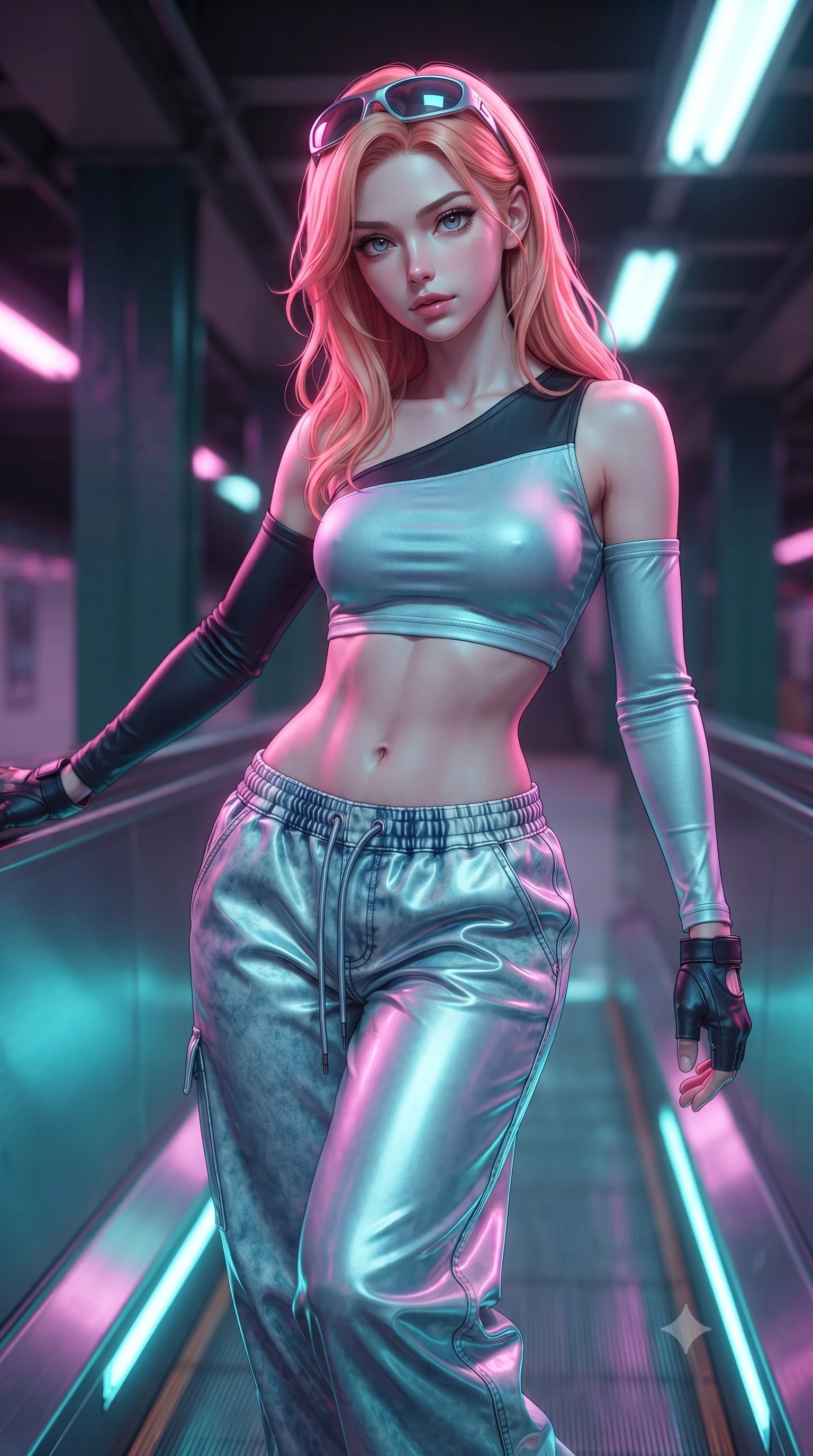 score_9, masterpiece, best quality, ultra-detailed, high-budget anime keyframe, editorial fashion photography, tasteful artistic composition, Japanese woman. close-up cowboy shot from the waist and thighs up, the character dominates the composition, filling the frame with her large presence. leaning forward with playful, captivating grace, her sculpted collarbones and slender neckline highlighted by directional light while striding down the neon-drenched escalator with confident Y2K swagger and athletic model poise. The composition keeps background elements in soft focus with creamy bokeh. subway platform columns and flickering fluorescent ceiling fixtures softened in moody shallow focus. She has an exceptionally elegant, slender, and willowy female figure with an ultra-slim waist, a gracefully sculpted slender torso, toned flat midriff, and a refined slim silhouette. sharp v-shaped jawline, high-bridge nose, intricate jewel-like eyes with depth, thick eyelashes, glossy lips with a natural sheen, captivating and magnetic expression, flawlessly proportioned anatomical accuracy, strict slender model proportions, natural body alignment, perfectly sculpted long slender limbs, ultra-slim waistline, clean dynamic posture without body distortion. wearing a sporty asymmetrical sleeve-warmer crop top with low-slung metallic parachute track pants in acid-wash light denim blue and silver chrome, tailored from second-skin aerodynamic stretch vinyl with specular sheen, accessorized with retro futuristic sunglasses and fingerless leather gloves, the breezy yet form-flattering drape swaying gracefully with her steps, accentuating her long willowy limbs and slim waistline. bathed in high-contrast dual lighting of neon pink floodlights and electric cyan underlights. ultra-reflective glossy finish, specular highlights, rich textural contrasts, high-contrast stereoscopic depth, volumetric dynamic lighting, 2k, ultra detail, master piece, 9:16 ratio