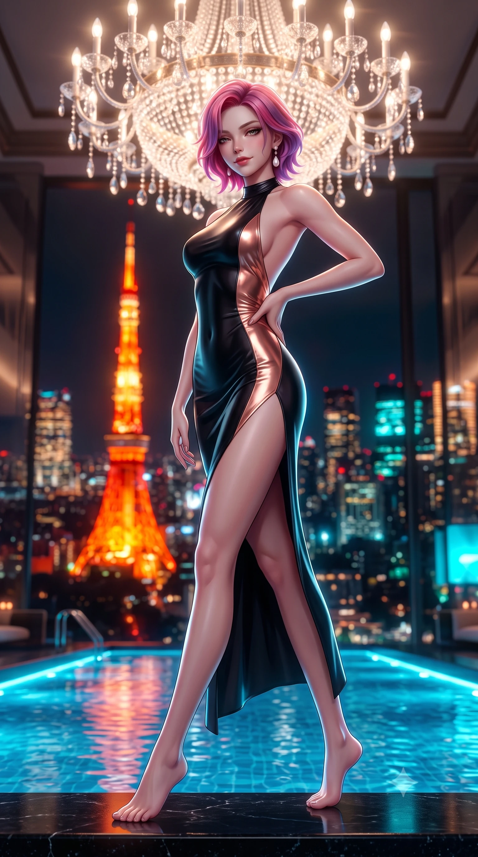 score_9, masterpiece, best quality, ultra-detailed, high-budget anime keyframe, semi-realistic 3D game render, editorial fashion photography, tasteful artistic composition, Caucasian woman. low angle full-body shot from head to toe showing her feet, filling the entire 9:16 vertical frame with her statuesque presence, stretching her vertical silhouette. pausing mid-stride beneath the grand chandelier with one hand resting on her narrow waist, her arched hips and statuesque 8.5-heads presence commanding the 9:16 vertical frame while standing poised at the edge of the illuminated black-granite infinity pool, arching her back as the iconic glowing orange Tokyo Tower towers in the background. The composition keeps background elements in soft focus with dreamy creamy bokeh. the fiery orange beacon of Tokyo Tower and dense megalopolis sea of lights blurred into brilliant scarlet, amber, and electric cyan bokeh. She has an exceptionally tall and slender model-like 8.5-heads proportion, an ultra-slim waist, a flat toned midriff, narrow delicate ribcage, and beautifully sculpted feminine hips creating a graceful, slim hourglass silhouette without any bulky heaviness, with impossibly long slender legs. sharp v-shaped jawline, high-bridge nose, intricate jewel-like dark sparkling eyes with dangerous depth, thick curled eyelashes, glossy parted lips with a rich wine sheen, smoldering seductive half-smile with bedroom-eyes, exuding effortless superiority and intoxicating dark allure, flawlessly proportioned anatomical accuracy, strict slender model proportions, natural body alignment, perfectly sculpted long slender limbs, ultra-slim waistline, clean dynamic posture without body distortion. wearing a backless liquid jet-black halter slip dress with a thigh-high side slit ascending to the high hip in smoky charcoal slate and molten rose gold, made of liquid-tight stretch jersey emphasizing every curve of her body, accented with a single dangling baroque pearl earring reflecting the amber glow, the liquid-tight tailored fabric clinging flawlessly to her narrow waist and rounded feminine hips, emphasizing every millimeter of her sculpted slim hourglass curves without any bulky heaviness. illuminated by underwater pool LED accents and crisp platinum rim lighting sharply defining her slim waist, toned midriff, and curvy hips. highly saturated vibrant anime colors, detailed shading with soft gradients, rich glossy textures, high-contrast stereoscopic depth, volumetric dynamic lighting, master piece, 9:16 ratio