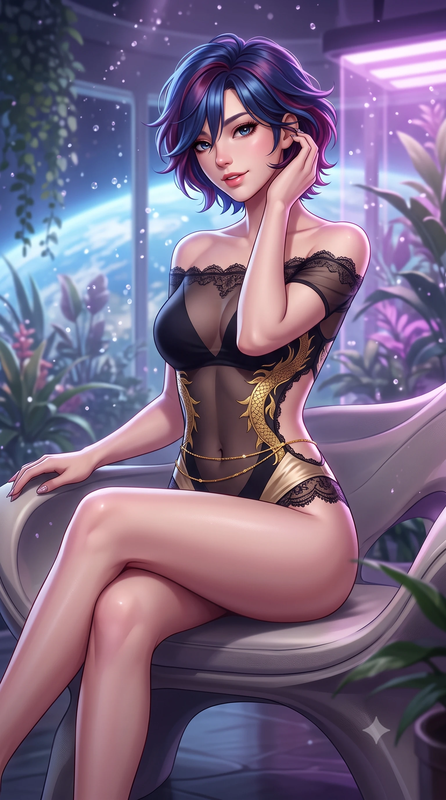 score_9, masterpiece, best quality, ultra-detailed, high-budget anime keyframe, semi-realistic 3D game render, editorial fashion photography, tasteful artistic composition, Korean woman. close-up cowboy shot from the waist and thighs up, the character dominates the composition, filling the frame with her large presence. gently brushing a lock of hair behind her ear while casting a playful, flirtatious side-gaze with long eyelashes while sitting gracefully on the sculptured organic bench with legs crossed, running one manicured hand slowly along her neck with magnetic poise. The background shows a soft-focus gentle nutrient mist droplets softened in orbital botanical penthouse shallow focus. She has an exceptionally elegant, slender, and willowy female figure with an ultra-slim waist, flat toned midriff, narrow ribcage, and sculpted feminine hips creating an alluring, slim hourglass silhouette without bulk. sharp v-shaped jawline, high-bridge nose, intricate jewel-like sparkling eyes with depth, thick eyelashes, glossy parted lips with a natural peach sheen, bright cheerful beaming smile with an enchanting and coquettish sensual glint, exuding both youthful cute charm and seductive allure, flawlessly proportioned anatomical accuracy, strict slender model proportions, natural body alignment, perfectly sculpted long slender limbs, ultra-slim waistline, clean dynamic posture without body distortion. wearing an off-the-shoulder sheer illusion mesh evening bodysuit with gold dragon-scale embroidery contouring her hourglass waist in deep midnight obsidian black and liquid champagne gold, made of delicate semi-sheer French Chantilly lace with intricate eyelash edges, accented with a dainty gold belly chain resting across her flat midriff and curving hips, the precision-cut side openings and low-back scoop framing her graceful spine and the sensual sweep of her slim, toned hips. bathed in the natural blue Earth-light spilling through orbital windows mixed with soft violet hydroponic grow lights. highly saturated vibrant anime colors, detailed shading with soft gradients, rich glossy textures, high-contrast stereoscopic depth, volumetric dynamic lighting, master piece, 9:16 ratio