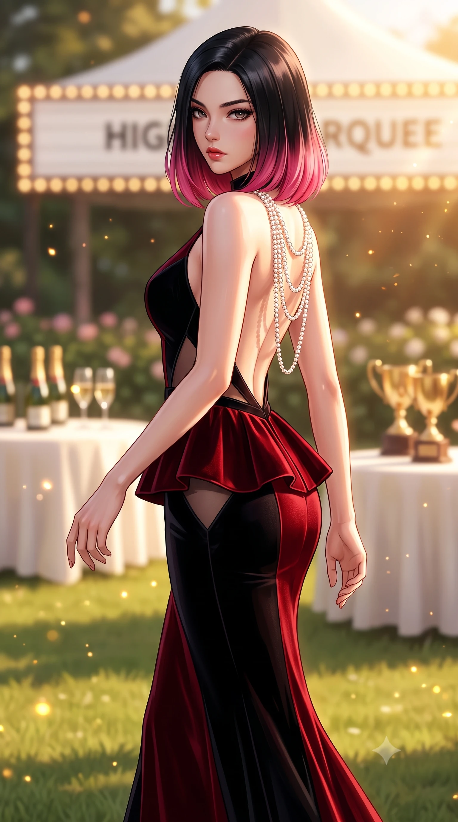 score_9, masterpiece, best quality, ultra-detailed, high-budget anime keyframe, semi-realistic 3D game render, editorial fashion photography, tasteful artistic composition, Korean woman. close-up cowboy shot from the waist and thighs up, the character dominates the composition, filling the frame with her large presence. leaning back with relaxed seductive grace, her sculpted collarbones and narrow waist highlighted as she casts smoldering bedroom-eyes directly into the camera while striding across the sun-drenched private lawn with sovereign supermodel momentum, long slender legs and narrow waist commanding the scene. The composition keeps background elements in soft focus with creamy bokeh. champagne bubbles and brass trophy reflections scattering warm sparkling light motes across the terrace. She has an exceptionally elegant, slender, and willowy female figure with an ultra-slim waist, flat toned midriff, narrow ribcage, and sculpted feminine hips creating an alluring, slim hourglass silhouette without bulk. sharp v-shaped jawline, high-bridge nose, intricate jewel-like eyes with depth, thick eyelashes, glossy parted lips with a natural sheen, intensely captivating and seductive bedroom-eyes expression, flawlessly proportioned anatomical accuracy, strict slender model proportions, natural body alignment, perfectly sculpted long slender limbs, ultra-slim waistline, clean dynamic posture without body distortion. wearing a structural geometric peplum gown with sheer side-ribbon cutouts and form-fitting skirt in phantom obsidian black and blood-red velvet, crafted from heavyweight crushed silk velvet with liquid vintage luster, accented with a multi-strand pearl back necklace cascading down her bare spine to her hips, the liquid-tight tailored fabric clinging flawlessly to her narrow waist and rounded feminine hips, emphasizing every millimeter of her sculpted slim hourglass curves without any bulky heaviness. bathed in glorious golden-hour afternoon sunlight and warm white marquee bounce fill. highly saturated vibrant anime colors, detailed shading with soft gradients, rich glossy textures, high-contrast stereoscopic depth, volumetric dynamic lighting, master piece, 9:16 ratio