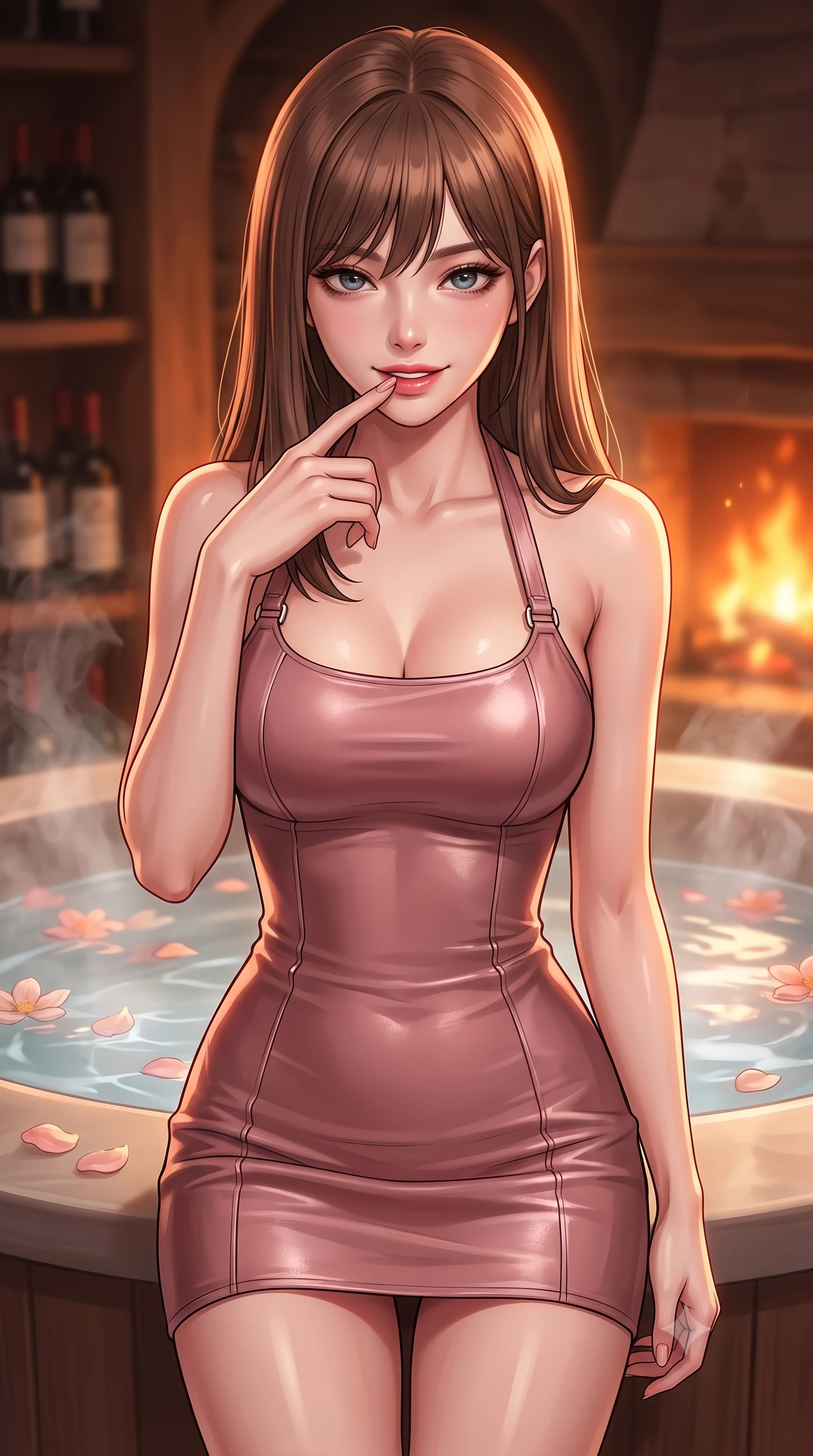 score_9, masterpiece, best quality, ultra-detailed, high-budget anime keyframe, editorial fashion photography, tasteful artistic composition, Korean woman. close-up cowboy shot from the waist and thighs up, the character dominates the composition, filling the frame with her large presence, background elements kept in soft focus. gently touching her lower lip with one finger, looking up at the viewer with a deeply charming, sultry smile set against a soft-focus background of inside an exclusive wine cellar alcove with rising mineral steam and floating flower petals on the clear water surface. She has an exceptionally elegant, slender, and willowy female figure with an ultra-slim waist, a gracefully sculpted slender torso, and a refined silhouette. sharp v-shaped jawline, high-bridge nose, intricate jewel-like eyes with depth, thick eyelashes, glossy lips with a natural sheen. wearing slim-fit dusty rose glossy leather form-contouring cashmere halter dress tracing her statuesque physique accented with delicate silver hardware. bathed in cozy, flickering fireplace light that paints the room in a warm orange wash. highly saturated vibrant anime colors, detailed shading with soft gradients, rich glossy textures, high-contrast stereoscopic depth, volumetric dynamic lighting, master piece, 9:16 ratio