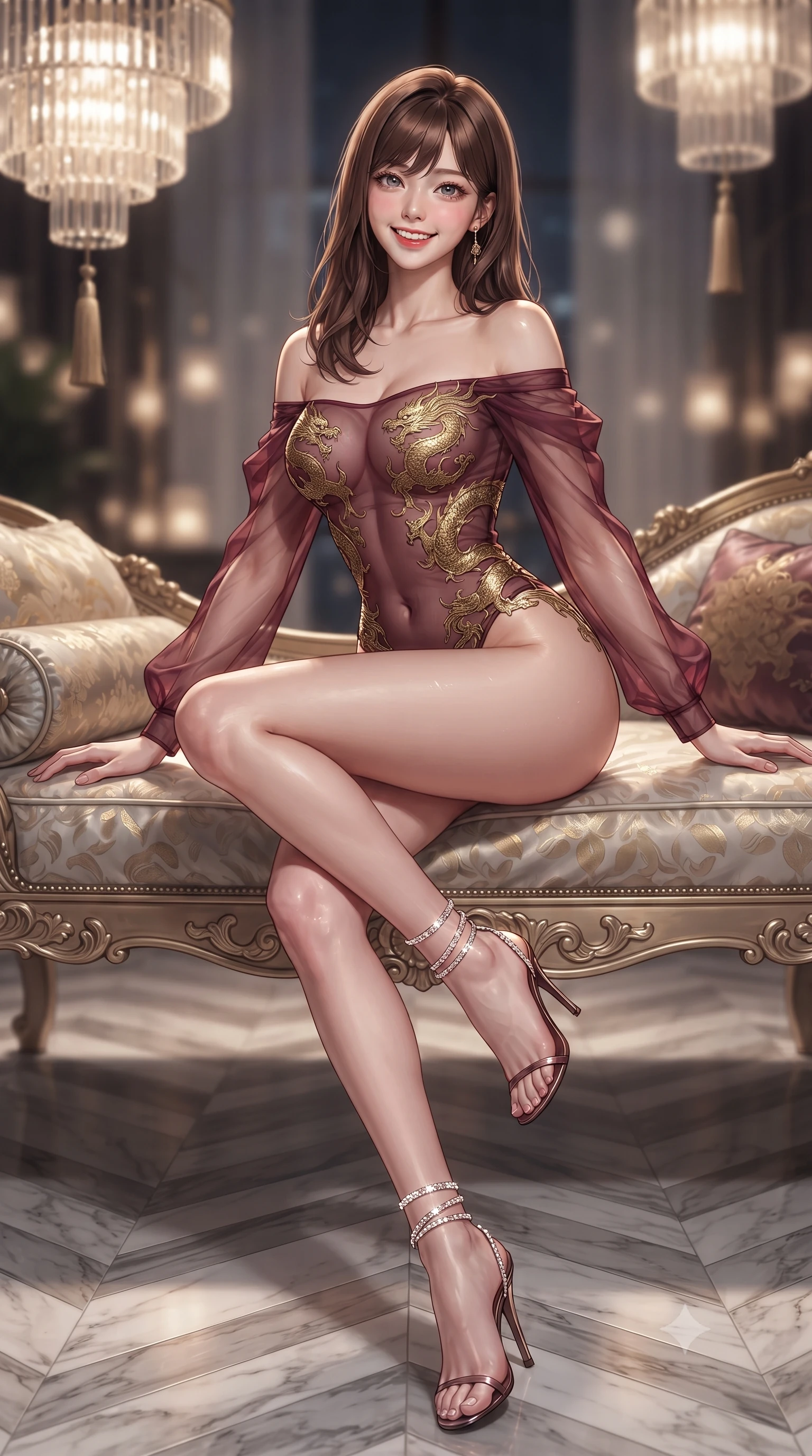 score_9, masterpiece, best quality, ultra-detailed, high-budget anime keyframe, editorial fashion photography, tasteful artistic composition, Korean woman. low angle full-body shot from head to toe showing her feet, filling the entire 9:16 vertical frame with her statuesque presence, stretching her vertical silhouette. lounging on the lavish daybed with legs crossed and hips angled toward the camera, displaying her toned midriff and long slender limbs with effortless siren poise while twisting her slender torso in an alluring contrapposto stance on the polished chevron marble floor, golden river reflections caressing her narrow waist and curvy hips. The background shows a soft-focus vintage geometric crystal chandeliers and silk tassels softened in 1920s Shanghai jazz age nocturne shallow focus. She has an exceptionally tall and slender model-like 8.5-heads proportion, an ultra-slim waist, a flat toned midriff, narrow delicate ribcage, and beautifully sculpted feminine hips creating a graceful, slim hourglass silhouette without any bulky heaviness, with impossibly long slender legs. sharp v-shaped jawline, high-bridge nose, intricate jewel-like sparkling eyes with depth, thick eyelashes, glossy parted lips with a natural peach sheen, bright cheerful beaming smile with an enchanting and coquettish sensual glint, exuding both youthful cute charm and seductive allure, flawlessly proportioned anatomical accuracy, strict slender model proportions, natural body alignment, perfectly sculpted long slender limbs, ultra-slim waistline, clean dynamic posture without body distortion. wearing an off-the-shoulder sheer illusion mesh evening bodysuit with gold dragon-scale embroidery contouring her hourglass waist in French boudoir bordeaux wine and antique brass, crafted from translucent silk organza with an ethereal crystalline sheen, complemented by strappy stiletto sandals with crystal ankle wraps accentuating her slender calves, the glove-like clinging cut tightly following the natural contour of her hips and long slender legs with youthful 8.5-heads elegance. illuminated by river reflection bounce and sharp platinum-gold rim lights sculpting her razor-sharp jawline, narrow waist, and curvy hips. ultra-reflective glossy finish, specular highlights, rich textural contrasts, high-contrast stereoscopic depth, volumetric dynamic lighting, 2k, ultra detail, master piece, 9:16 ratio