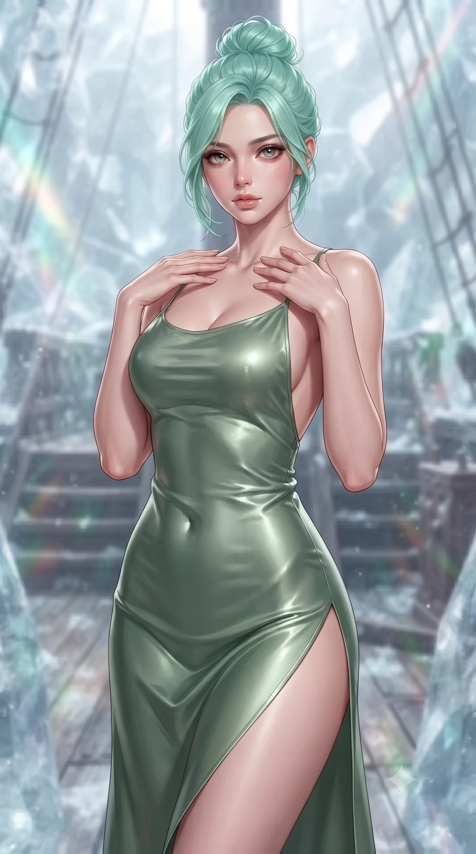 score_9, masterpiece, best quality, ultra-detailed, high-budget anime keyframe, editorial fashion photography, tasteful artistic composition, Japanese woman. close-up cowboy shot from the waist and thighs up, the character dominates the composition, filling the frame with her large presence, background elements kept in soft focus. standing in a relaxed, elegant posture with both hands resting lightly on her collarbone, looking at the viewer with bedroom-eyes, the background shows a soft-focus the deck of an ancient wooden battleship frozen inside a crystal of solid stilled-time. She has an exceptionally elegant, slender, and willowy female figure with an ultra-slim waist, a gracefully sculpted slender torso, and a refined silhouette. sharp v-shaped jawline, high-bridge nose, intricate jewel-like eyes with depth, thick eyelashes, glossy lips with a natural sheen. wearing a slim-fit lightweight silk combat slip dress in sage green, featuring a high side slit and a low-cut back. soft stasis rays refracting through ice-like temporal fields. ultra-reflective glossy finish, specular highlights, metallic sheen, high-contrast stereoscopic depth, volumetric dynamic lighting, 2k, ultra detail, master piece, 9:16 ratio