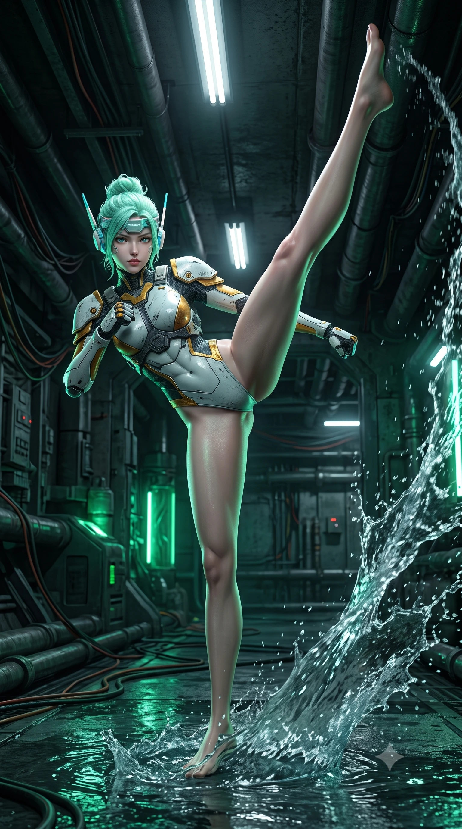 score_9, masterpiece, best quality, ultra-detailed, high-budget anime keyframe, semi-realistic 3D game render, editorial fashion photography, tasteful artistic composition, Japanese woman. low angle full-body shot from head to toe showing her feet, filling the entire 9:16 vertical frame with her statuesque presence, stretching her vertical silhouette. executing a breathtaking zero-gravity high-kick with full 180-degree vertical extension, her impossibly long slender legs dominating the frame with razor-sharp poise while sliding across the wet floor into a low sweep stance, sending a high-pressure wave of water cascading toward the camera. The surrounding environment is rendered in vivid detail and crisp panoramic clarity. deep subterranean chiaroscuro and raw industrial conduit engineering rendered with precision. She has an absolutely perfect, statuesque 8.5-heads proportion, an exceptionally tall and slender model-like female figure with impossibly long slender legs, a toned flat midriff, and an ultra-slim waist. sharp v-shaped jawline, high-bridge nose, intricate jewel-like eyes with depth, thick eyelashes, glossy lips with a natural sheen, fierce and resolute heroine expression, flawlessly proportioned anatomical accuracy, strict slender model proportions, natural body alignment, perfectly sculpted long slender limbs, ultra-slim waistline, clean dynamic posture without body distortion. wearing a lightweight carbon-fiber tactical sensory headpiece with glowing cyan ear-antennae and an ultra-thin forehead HUD brow-band, paired with a heavy modular carbon-fiber combat cuirass paired with a second-skin tactical leotard and reinforced titanium shoulder pauldrons in arctic white carbon composite with scratched solar gold armor plating, tailored from flexible second-skin ballistic carbon-mesh adhering flawlessly to her athletic build, finished with high-mobility flexible armor articulation seams and miniature magnetic locks, the form-contouring material adhering flawlessly to her sculpted flat midriff and slender torso, emphasizing her long leg lines and perfectly proportioned willowy build. bathed in eerie emerald biochemical uplights and cold white fluorescent ceiling spotlights. rich saturated anime colors with glowing neon highlights, detailed shading with soft gradients, rich glossy textures, high-contrast stereoscopic depth, volumetric dynamic lighting, master piece, 9:16 ratio