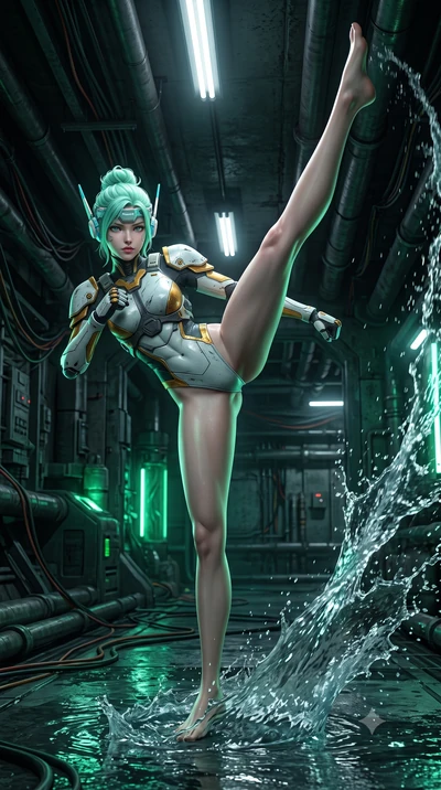 score_9, masterpiece, best quality, ultra-detailed, high-budget anime keyframe, semi-realistic 3D game render, editorial fashion photography, tasteful artistic composition, Japanese woman. low angle full-body shot from head to toe showing her feet, f