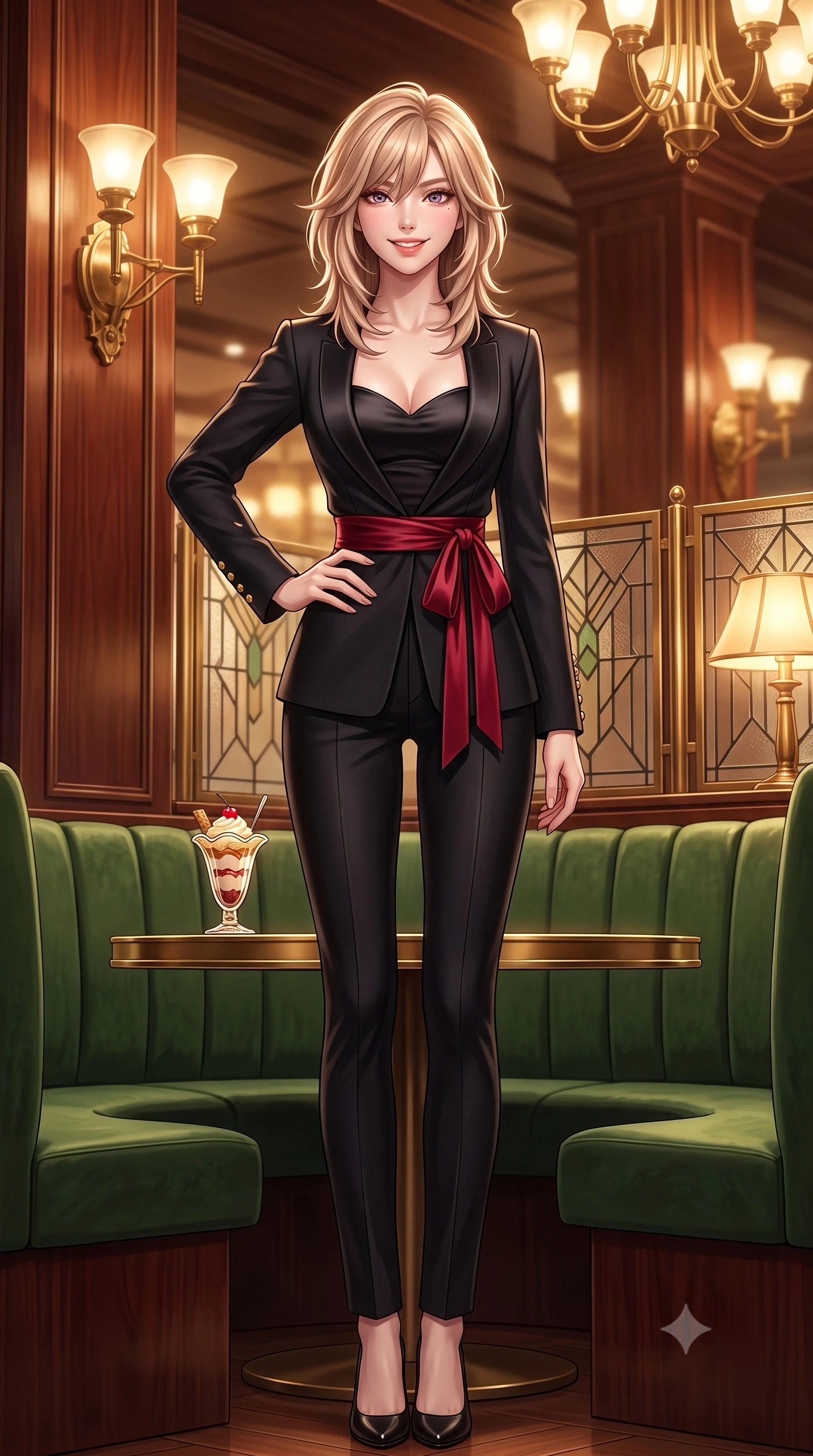 score_9, masterpiece, best quality, ultra-detailed, high-budget anime keyframe, semi-realistic 3D game render, editorial fashion photography, tasteful artistic composition, Japanese woman. low angle full-body shot from head to toe showing her feet, filling the entire 9:16 vertical frame with her statuesque presence, stretching her vertical silhouette. walking briskly with tall supermodel strides, one hand placed on her narrow hip, her impossibly long slender legs commanding the frame while sitting poised in a curved forest green velvet booth beside a polished brass lamp, smiling cheerfully over a vintage parfait glass. The background shows a soft-focus curved brass Art Deco light sconces, geometric leaded glass screens, and polished rosewood walls blurred into emerald, brass, and rosewood bokeh. She has an exceptionally tall and slender model-like 8.5-heads proportion, an ultra-slim waist, a flat toned midriff, narrow delicate ribcage, and beautifully sculpted feminine hips creating a graceful, slim hourglass silhouette without any bulky heaviness, with impossibly long slender legs. sharp v-shaped jawline, high-bridge nose, intricate jewel-like sparkling eyes with depth, thick eyelashes, glossy parted lips with a natural peach sheen, bright cheerful beaming smile with an enchanting and coquettish sensual glint, exuding both youthful cute charm and seductive allure, flawlessly proportioned anatomical accuracy, strict slender model proportions, natural body alignment, perfectly sculpted long slender limbs, ultra-slim waistline, clean dynamic posture without body distortion. wearing a sleek Taisho-modern tailored smoking jacket with a cinched silk sash worn over a body-hugging satin bustier top and fitted slacks in Kyoto autumn maple crimson and deep ink black, made of ultra-fine Mongolian cashmere with sleek glove-like elasticity contouring her silhouette, accented with delicate gold button studs trailing down the snug sleeve cuffs, the snug waist-cinching tailoring accentuating her ultra-slim waistline and the enchanting curve of her feminine hips with alluring seductive charm. bathed in warm 2900K incandescent amber illumination from authentic Art Deco brass chandeliers and table lamps. highly saturated vibrant anime colors, detailed shading with soft gradients, rich glossy textures, high-contrast stereoscopic depth, volumetric dynamic lighting, master piece, 9:16 ratio