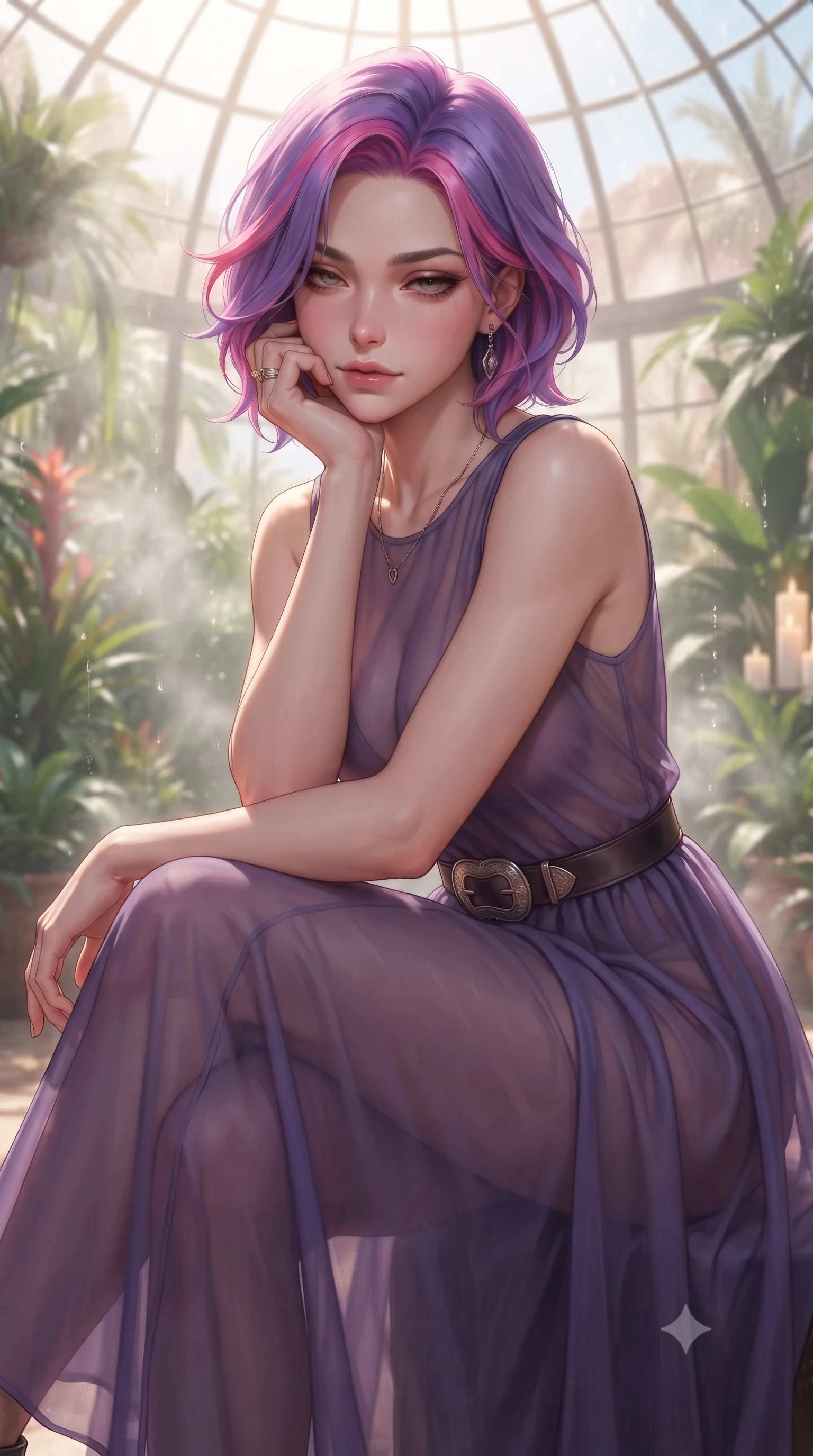 score_9, masterpiece, best quality, ultra-detailed, high-budget anime keyframe, editorial fashion photography, tasteful artistic composition, Caucasian woman. close-up cowboy shot from the waist and thighs up, the character dominates the composition, filling the frame with her large presence, background elements kept in soft focus. resting her chin on the backs of her fingers, casting a heavy-lidded, sultry look past the camera the background shows a soft-focus a glass dome botanical garden in the desert, filled with tropical plants and steam. She has an exceptionally elegant, slender, and willowy female figure with an ultra-slim waist, a gracefully sculpted slender torso, and a refined silhouette. sharp v-shaped jawline, high-bridge nose, intricate jewel-like eyes with depth, thick eyelashes, glossy lips with a natural sheen. wearing a form-contouring semi-transparent chiffon maxi dress in lavender, showing her silhouette through the sheer fabric. soft flickering candle glow refracting through the moving water droplets. ultra-reflective glossy finish, specular highlights, metallic sheen, high-contrast stereoscopic depth, volumetric dynamic lighting, 2k, ultra detail, master piece, 9:16 ratio