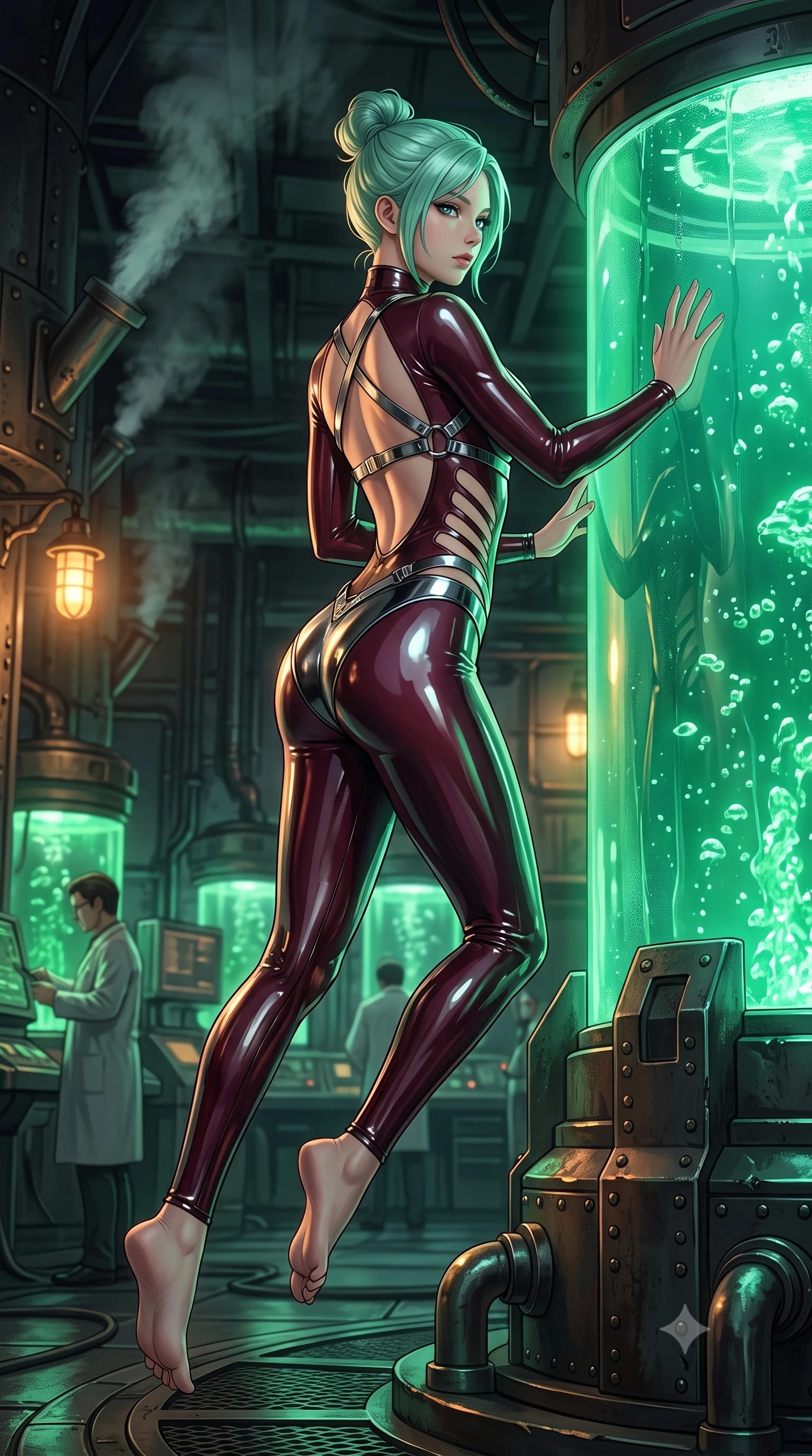 score_9, masterpiece, best quality, ultra-detailed, high-budget anime keyframe, semi-realistic 3D game render, editorial fashion photography, tasteful artistic composition, Japanese woman. low angle full-body shot from head to toe showing her feet, filling the entire 9:16 vertical frame with her statuesque presence, stretching her vertical silhouette. arching her spine in a fluid zero-gravity turn with sovereign grace, her long slender legs and sculpted torso creating a sweeping line with provocative poise while resting one hand on the glass wall of a glowing green bioluminescent stasis vat inside a shadowy underground laboratory. The surrounding environment is rendered in vivid detail and crisp panoramic clarity. sharp steam vent nozzles, riveted iron plates, and glowing fluid caustics in high clarity. She has an absolutely perfect, statuesque 8.5-heads proportion, an exceptionally tall and slender model-like female figure with impossibly long slender legs, a toned flat midriff, and an ultra-slim waist. sharp v-shaped jawline, high-bridge nose, intricate jewel-like eyes with depth, thick eyelashes, glossy lips with a natural sheen, flawlessly proportioned anatomical accuracy, strict slender model proportions, natural body alignment, perfectly sculpted long slender limbs, ultra-slim waistline, clean dynamic posture without body distortion. wearing a skin-tight cyber-noir tech bodysuit featuring diagonal slitted cutouts on the midriff, a high-cut leg line, and a metallic chrome harness in deep burgundy wine and specular dark chrome, crafted from ultra-reflective second-skin latex with a high-gloss glass-like polish, complemented by criss-cross back straps highlighting her completely bare spine, the sleek second-skin cut tightly hugging her graceful clavicle, narrow waist, and feminine curves with athletic precision. bathed in eerie emerald bioluminescent backlighting and warm amber lamp fill light. rich saturated anime colors with deep moody shadows, detailed chiaroscuro shading with soft gradients, rich glossy textures, high-contrast stereoscopic depth, volumetric dynamic shadow lighting, master piece, 9:16 ratio