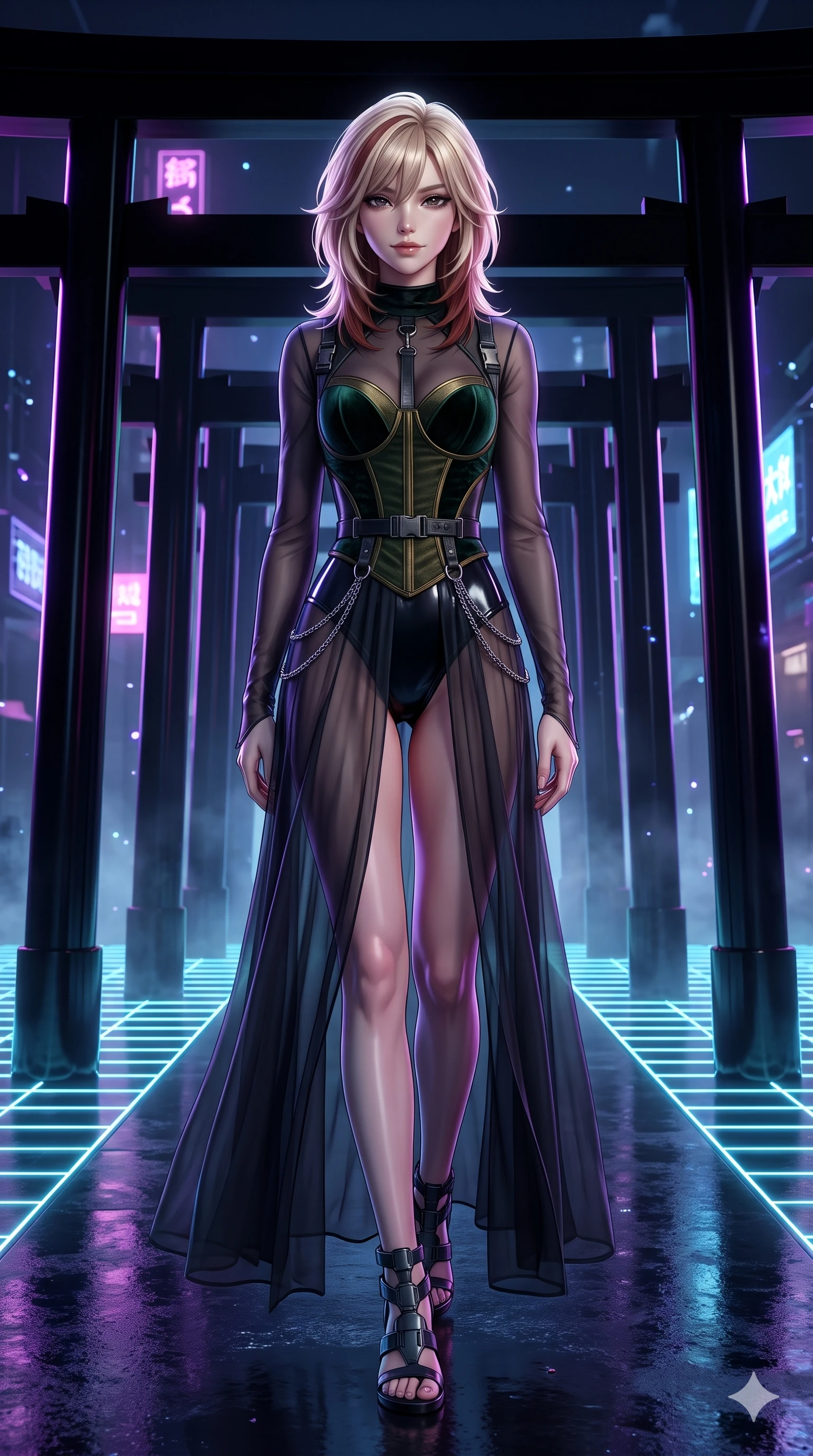 score_9, masterpiece, best quality, ultra-detailed, high-budget anime keyframe, semi-realistic 3D game render, editorial fashion photography, tasteful artistic composition, Japanese woman. low angle full-body shot from head to toe showing her feet, filling the entire 9:16 vertical frame with her statuesque presence, stretching her vertical silhouette. walking through the endless corridor of black lacquer Torii gates at midnight with hypnotic feline grace while striding confidently along the floating monolithic platform, her long slender legs and hourglass hips commanding the infinite cyber void. The surrounding environment is rendered in vivid detail and crisp panoramic clarity: detailed wet-look vinyl bodysuit cling, tactical harness buckle hardware, and cybernetic textures in razor-sharp precision. She has an absolutely perfect, statuesque 8.5-heads proportion, an exceptionally tall and slender model-like female figure with impossibly long slender legs, an ultra-slim waist, a flat toned midriff, narrow delicate ribcage, and beautifully sculpted feminine hips creating a graceful, slim hourglass silhouette without any bulky heaviness. sharp v-shaped jawline, high-bridge nose, intricate jewel-like dark sparkling eyes with hypnotic seductive depth, thick curled eyelashes, glossy parted lips with a natural wine sheen, alluring bedroom-eyes with an enigmatic smoldering smile, exuding magnetic sovereign charisma and dark avant-garde glamour, flawlessly proportioned anatomical accuracy, strict slender model proportions, natural body alignment, perfectly sculpted long slender limbs, ultra-slim waistline, clean dynamic posture without body distortion. wearing a semi-opaque sheer dark chiffon gown revealing a structured bodice silhouette in deep velvet forest green and antique brass, tailored from crushed dark velvet with deep light-absorbing plush texture, framed by dark titanium buckles and silver chain details, the bespoke structured tailoring following the natural line of her 8.5-heads silhouette with refined elegance. illuminated by floating neon grid upward bounce and sharp ultraviolet rim lights defining her razor-sharp jawline, narrow waist, and curvy hips. highly saturated vibrant anime colors, detailed shading with soft gradients, rich glossy textures, high-contrast stereoscopic depth, volumetric dynamic lighting, master piece, 9:16 ratio