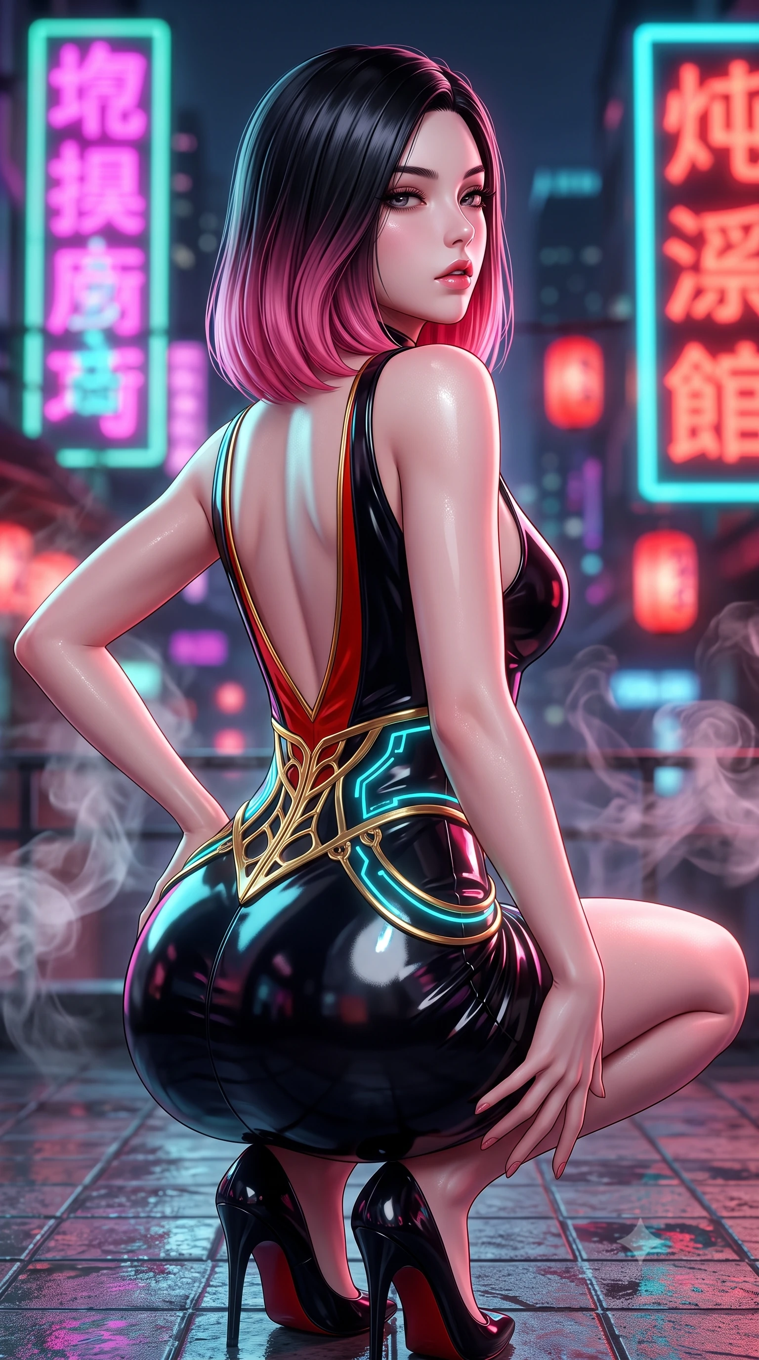score_9, masterpiece, best quality, ultra-detailed, high-budget anime keyframe, semi-realistic 3D game render, editorial fashion photography, tasteful artistic composition, Korean woman. close-up cowboy shot from the waist and thighs up, the character dominates the composition, filling the frame with her large presence. tilting her chin up with proud, sovereign allure while gazing through thick eyelashes, one hand resting on her waist in pure supermodel charisma while crouching low on the wet tiled rooftop terrace with back turned slightly to the lens, glancing back with smoldering bedroom-eyes and parted lips. The composition keeps background elements in soft focus with creamy bokeh. swirling tea steam vapors and glowing neon kanji signs blurred into electric magenta, turquoise, and lantern-scarlet bokeh. She has an exceptionally elegant, slender, and willowy female figure with an ultra-slim waist, a gracefully sculpted slender torso, toned flat midriff, and rounded feminine hips creating an alluring hourglass silhouette. sharp v-shaped jawline, high-bridge nose, intricate jewel-like eyes with depth, thick eyelashes, glossy parted lips with a natural sheen, intensely captivating and seductive bedroom-eyes expression, flawlessly proportioned anatomical accuracy, strict slender model proportions, natural body alignment, perfectly sculpted long slender limbs, ultra-slim waistline, clean dynamic posture without body distortion. wearing a sleek obsidian column dress with gold filigree hip cincher and plunging backline in imperial vermilion red and liquid gold, formed from high-gloss patent leather with sharp specular chiaroscuro, accented with glowing cyan LED circuit lines tracing her hip bones and collarbones, the glove-like aerodynamic silhouette tightly following the natural contour of her hips and long slender legs with statuesque precision. surrounded by an enigmatic, sultry, and breathtakingly hypnotic cyber-femme fatale aura. highly saturated vibrant anime colors, detailed shading with soft gradients, rich glossy textures, high-contrast stereoscopic depth, volumetric dynamic lighting, master piece, 9:16 ratio