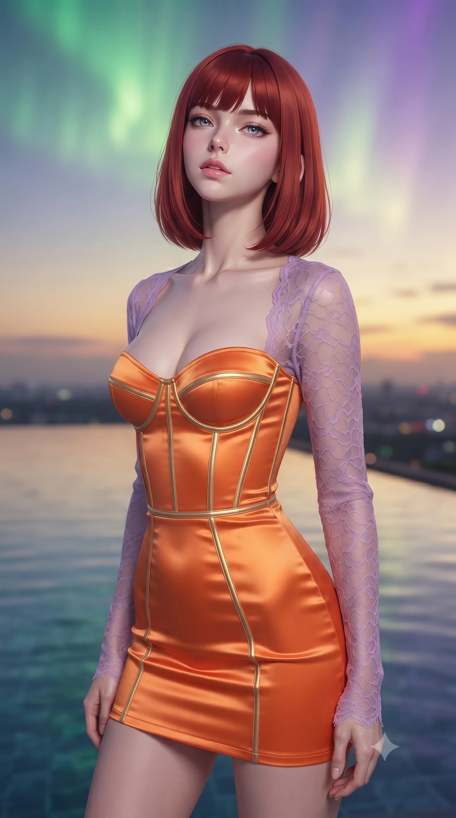 score_9, masterpiece, best quality, ultra-detailed, high-budget anime keyframe, editorial fashion photography, tasteful artistic composition, Caucasian woman, strictly human ears. close-up cowboy shot from the waist and thighs up, the character dominates the composition, filling the frame with her large presence, background elements kept in soft focus. Tilting her chin up slightly with lips parted in a composed expression. set against a soft-focus background of standing at the vanishing edge of a rooftop infinity pool at twilight where the still water surface blends seamlessly into the sunset horizon creating the illusion of swimming into the sky. She has an exceptionally elegant and slender, willowy female figure with an ultra-slim waist, a gracefully sculpted slender torso, and a refined slim physique. sharp v-shaped jawline, high-bridge nose, intricate jewel-like eyes with depth, thick eyelashes, glossy lips with a natural sheen. wearing a corset mini dress in bright tangerine satin, featuring visible gold bone structure and attached sheer lilac lace sleeves. illuminated by a shifting aurora palette of green violet and gold from above. 2k, ultra detail, master piece, 9:16 ratio