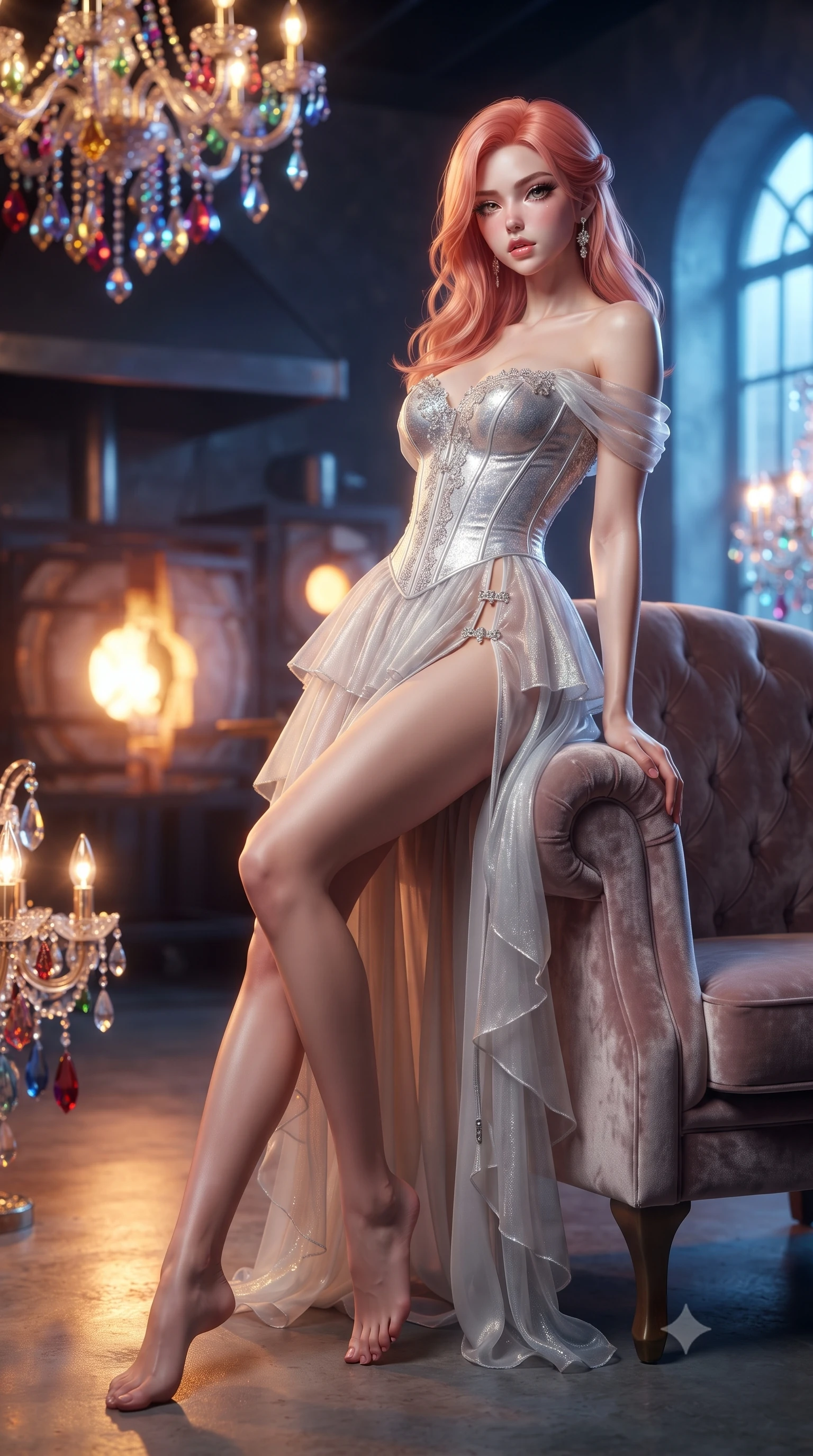 score_9, masterpiece, best quality, ultra-detailed, high-budget anime keyframe, editorial fashion photography, tasteful artistic composition, Japanese woman. low angle full-body shot from head to toe showing her feet, filling the entire 9:16 vertical frame with her statuesque presence, stretching her vertical silhouette. sitting perched on the elevated edge with hips angled toward the camera and legs crossed, displaying her toned midriff and flawlessly sculpted slender limbs while reclining languidly on a velvet armchair in the private showroom, her long slender legs and narrow waist highlighted by crystal glass refractions. The composition keeps background elements in soft focus with creamy bokeh. glowing glassblowing kilns and hanging multicolored crystal chandeliers blurred into molten gold, ruby, and sapphire bokeh. She has an exceptionally tall and slender model-like 8.5-heads proportion, an ultra-slim waist, a flat toned midriff, narrow delicate ribcage, and beautifully sculpted feminine hips creating a graceful, slim hourglass silhouette without any bulky heaviness, with impossibly long slender legs. sharp v-shaped jawline, high-bridge nose, intricate jewel-like eyes with depth, thick eyelashes, glossy parted lips with a natural sheen, intensely captivating and seductive bedroom-eyes expression, flawlessly proportioned anatomical accuracy, strict slender model proportions, natural body alignment, perfectly sculpted long slender limbs, ultra-slim waistline, clean dynamic posture without body distortion. wearing an off-shoulder French court corset bodice dress paired with a tiered translucent chiffon slit skirt in shimmering silver mercury and pearl white, tailored from liquid silk jersey adhering flawlessly to her slender build, finished with an ultra-high side slit secured by miniature jeweled clasps, the second-skin form-contouring cut accentuating her sculpted flat midriff, narrow delicate ribcage, and gracefully curvy hips with supermodel precision. bathed in warm glowing furnace firelight contrasting with cool blue canal water bounce through arched windows. ultra-reflective glossy finish, specular highlights, rich textural contrasts, high-contrast stereoscopic depth, volumetric dynamic lighting, 2k, ultra detail, master piece, 9:16 ratio