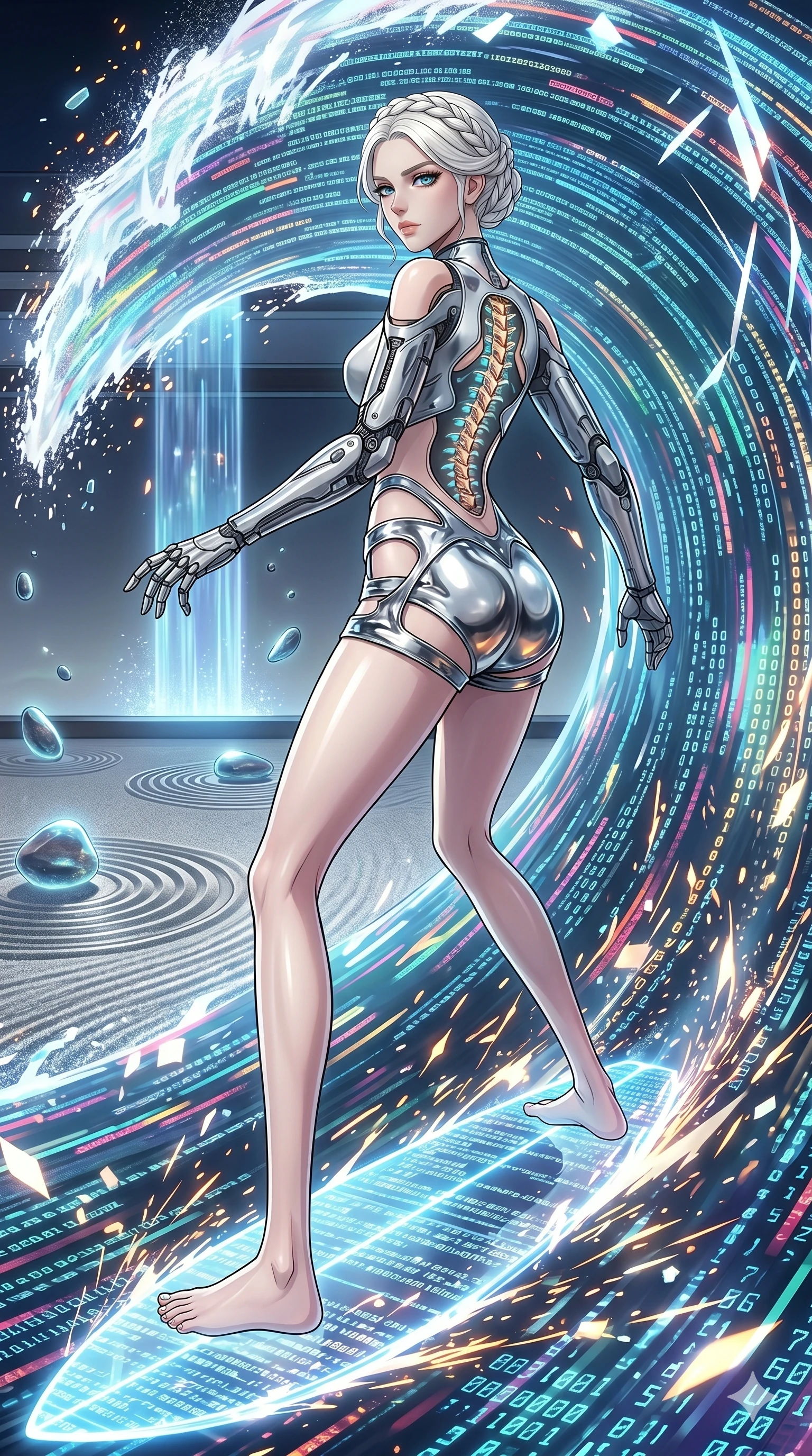 score_9, masterpiece, best quality, ultra-detailed, High-budget Anime Keyframe, vibrant colors, fluid line-art, expressive lighting, cinematic composition, Ufotable-style visual effects, top-tier animation quality, Caucasian woman with pale skin, blonde hair, and (strictly human ears). Low angle cowboy shot filling the entire 9:16 frame with her statuesque presence, looking up to emphasize her height. Surfing on a massive wave of pure data within a virtual world, the landscape changing rapidly as she speeds through. She has an absolutely perfect 8-heads proportion, an exceptionally tall and slender female figure with impossibly long slender legs and an ultra-slim waist, her statuesque height and towering silhouette dominating the vertical 9:16 frame. Her face is a masterpiece featuring a sharp v-shaped jawline, high-bridge nose, intricate jewel-like eyes with depth, thick eyelashes, and glossy lips with a natural sheen. She is wearing a Cyber-augmented streetwear featuring mechanical arm parts and a micro-shorts/harness combo crafted from Molten liquid mercury that flows and reflects the environment with metallic perfection, boasting shoulder cut-outs and a glowing spinal interface visible through the back. The scene is set in a serene Zen garden with metallic sand, glowing stones, and a holographic waterfall, illuminated by dynamic strobe effects that capture her movement in a series of sharp fragments. 2k, ultra detail, master piece, 9:16 ratio
