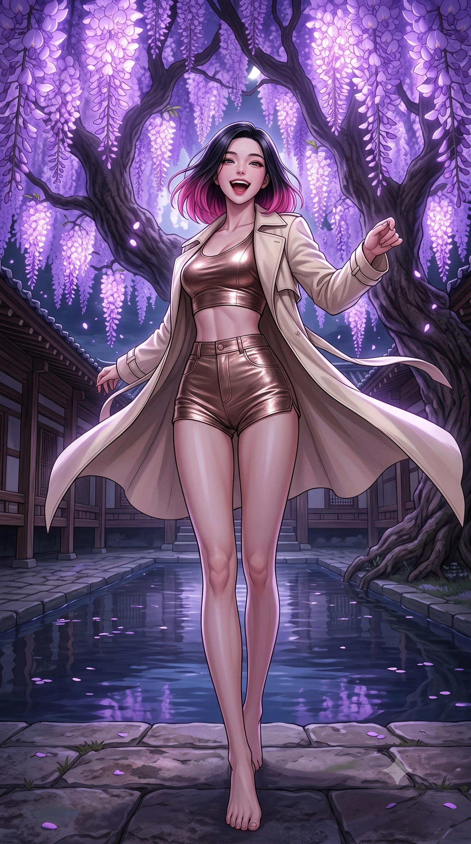 score_9, masterpiece, best quality, ultra-detailed, high-budget anime keyframe, editorial fashion photography, tasteful artistic composition, Korean woman. low angle full-body shot from head to toe showing her feet, filling the entire 9:16 vertical frame with her statuesque presence, stretching her vertical silhouette. twirling with a bright, delighted laugh inside in a traditional wooden shrine courtyard surrounded by giant wisteria trees with glowing purple flowers hanging over a calm, reflecting river. She has a statuesque 8.5-heads proportion, an exceptionally tall, slender and willowy model-like build with impossibly long legs and a highly sculpted ultra-slim waist. sharp v-shaped jawline, high-bridge nose, intricate jewel-like eyes with depth, thick eyelashes, glossy lips with a natural sheen. wearing a metallic bronze crop top paired with high-waisted matching micro-shorts, under a flowing cream trench coat. soft purple bioluminescent light from the flowers casting gentle reflections on the water and wooden structures. 2k, ultra detail, master piece, 9:16 ratio