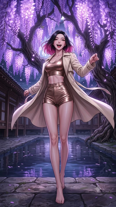 score_9, masterpiece, best quality, ultra-detailed, high-budget anime keyframe, editorial fashion photography, tasteful artistic composition, Korean woman. low angle full-body shot from head to toe showing her feet, filling the entire 9:16 vertical f
