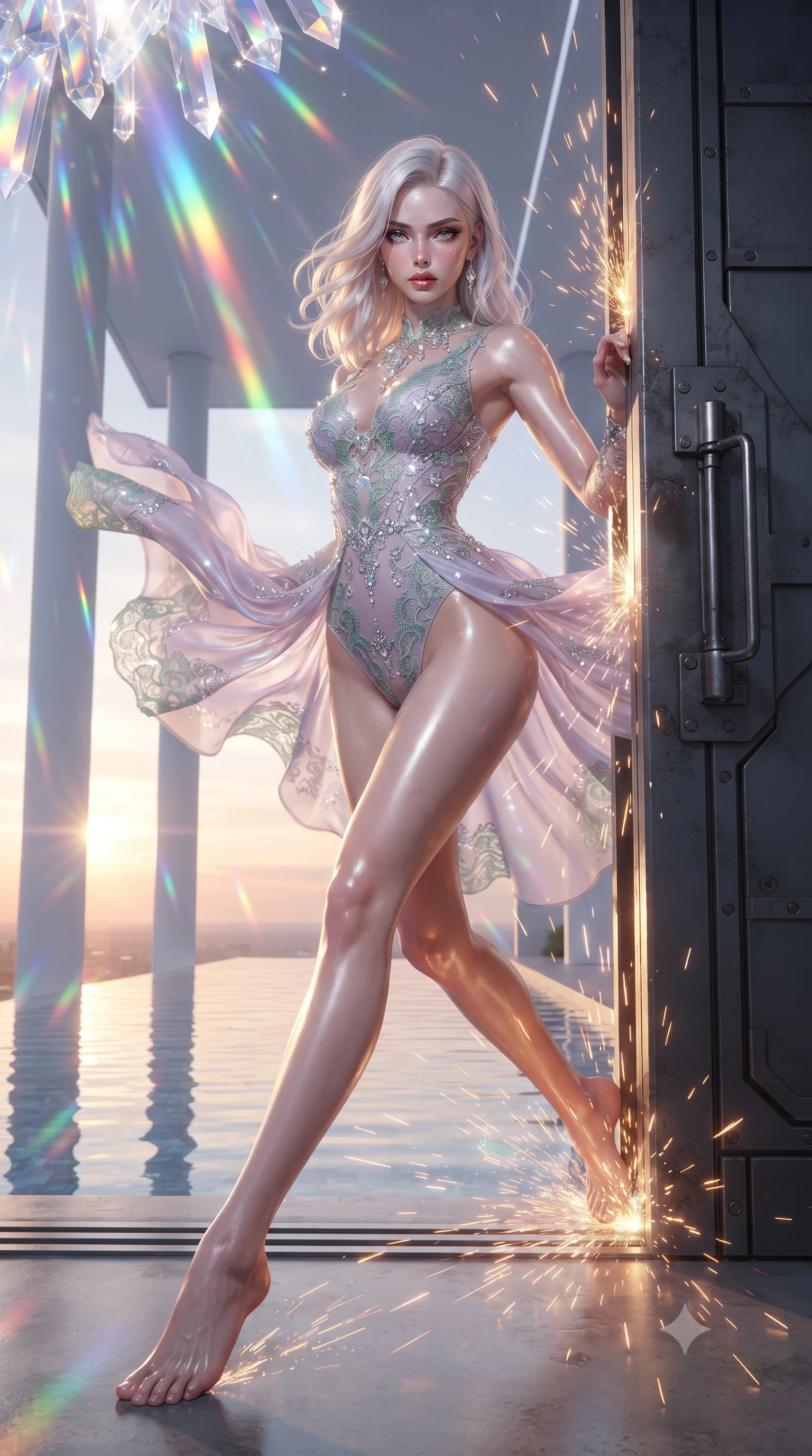 score_9, masterpiece, best quality, ultra-detailed, high-budget anime keyframe, editorial fashion photography, tasteful artistic composition, realistic cosplay photography, Caucasian woman, strictly human ears. low angle full-body shot from head to toe showing her feet, filling the entire 9:16 vertical frame with her statuesque presence, stretching her vertical silhouette. sliding underneath a closing blast door in a sleek combat stance with sparks flying around her inside an infinity pool on a skyscraper roof, the still water blending into the sunset horizon, clean white columns framing the view. She has a statuesque 8.5-heads proportion, an exceptionally tall, slender and willowy model-like build with impossibly long legs and a highly sculpted ultra-slim waist. sharp v-shaped jawline, high-bridge nose, intricate jewel-like eyes with depth, thick eyelashes, glossy lips with a natural sheen. wearing the lightweight fabric rippling and billowing dramatically with her movement, a tailored gossamer bodysuit in a pale lavender tone, with elaborate jade-green lace patterning and crystal embellishments. cascading rainbow prismatic light refracting through crystal formations overhead. ultra-reflective glossy finish, specular highlights, metallic sheen, high-contrast stereoscopic depth, volumetric dynamic lighting, 2k, ultra detail, master piece, 9:16 ratio