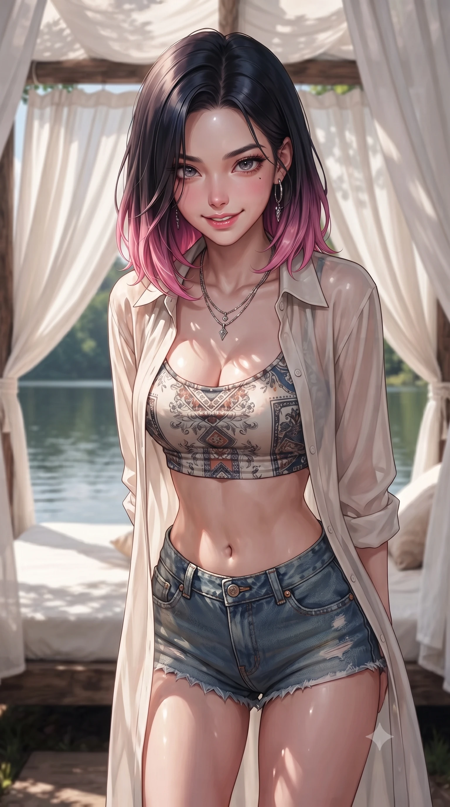 score_9, masterpiece, best quality, ultra-detailed, high-budget anime keyframe, editorial fashion photography, tasteful artistic composition, Korean woman. close-up cowboy shot from the waist and thighs up, the character dominates the composition, filling the frame with her large presence, background elements kept in soft focus. leaning slightly forward with a playful, teasing smile, her gaze locked onto the viewer the background shows a soft-focus a secluded beach cabana tent with white cotton curtains, next to a calm lake. She has an exceptionally elegant, slender, and willowy female figure with an ultra-slim waist, a gracefully sculpted slender torso, and a refined silhouette. sharp v-shaped jawline, high-bridge nose, intricate jewel-like eyes with depth, thick eyelashes, glossy lips with a natural sheen. wearing a slim-fit lightweight chiffon cover-up shirt worn open over a crop top and high-cut shorts. dappled sunlight filtering through the canopy and drapes. ultra-reflective glossy finish, specular highlights, metallic sheen, high-contrast stereoscopic depth, volumetric dynamic lighting, 2k, ultra detail, master piece, 9:16 ratio