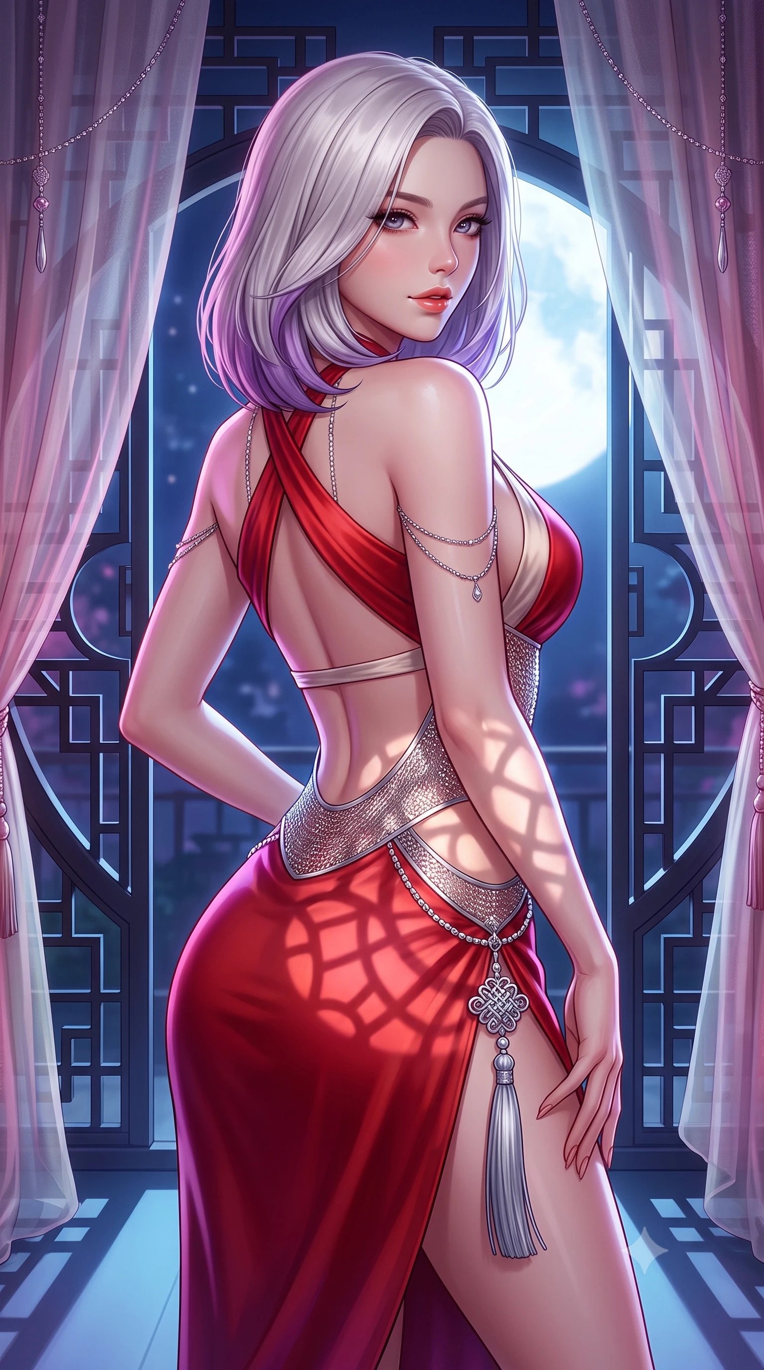 score_9, masterpiece, best quality, ultra-detailed, high-budget anime keyframe, semi-realistic 3D game render, editorial fashion photography, tasteful artistic composition, Caucasian woman. close-up cowboy shot from the waist and thighs up, the character dominates the composition, filling the frame with her large presence. posing in an alluring rear three-quarter angle, looking over a bare shoulder with parted glossy lips, her hips cocked back to highlight her slim hourglass curve while twisting her slender torso in an alluring S-curve, midnight moonlight casting geometric circular shadows over her waist and hips. The surrounding environment is rendered in vivid detail and crisp panoramic clarity: detailed semi-sheer silk drape, dainty body jewelry shine, and garden gate architecture in razor-sharp precision. She has an exceptionally elegant, slender, and willowy female figure with an ultra-slim waist, flat toned midriff, narrow ribcage, and sculpted feminine hips creating an alluring, slim hourglass silhouette without bulk. sharp v-shaped jawline, high-bridge nose, sparkling eyes with hypnotic seductive depth, thick curled eyelashes, glossy parted lips with a natural dewy peach sheen, alluring bedroom-eyes with an enchanting coquettish smile, exuding magnetic siren charisma and sophisticated glamour, flawlessly proportioned anatomical accuracy, strict slender model proportions, natural body alignment, perfectly sculpted long slender limbs, ultra-slim waistline, clean dynamic posture without body distortion. wearing a high-waisted silk wrap sarong skirt with a hip-high slit paired with a plunging criss-cross satin halter top in royal vermilion crimson and pale ivory silk, crafted from shimmering fluid chainmail mesh reflecting ambient neon lights, accented with an intricate silver norigae tassel swaying gracefully along her curving hip line, the precision-cut side openings and low-back scoop framing her graceful spine and the sensual sweep of her slim, toned hips. bathed in pure lunar illumination streaming directly through the circular moon gate opening. highly saturated vibrant anime colors, detailed shading with soft gradients, rich glossy textures, high-contrast stereoscopic depth, volumetric dynamic lighting, master piece, 9:16 ratio