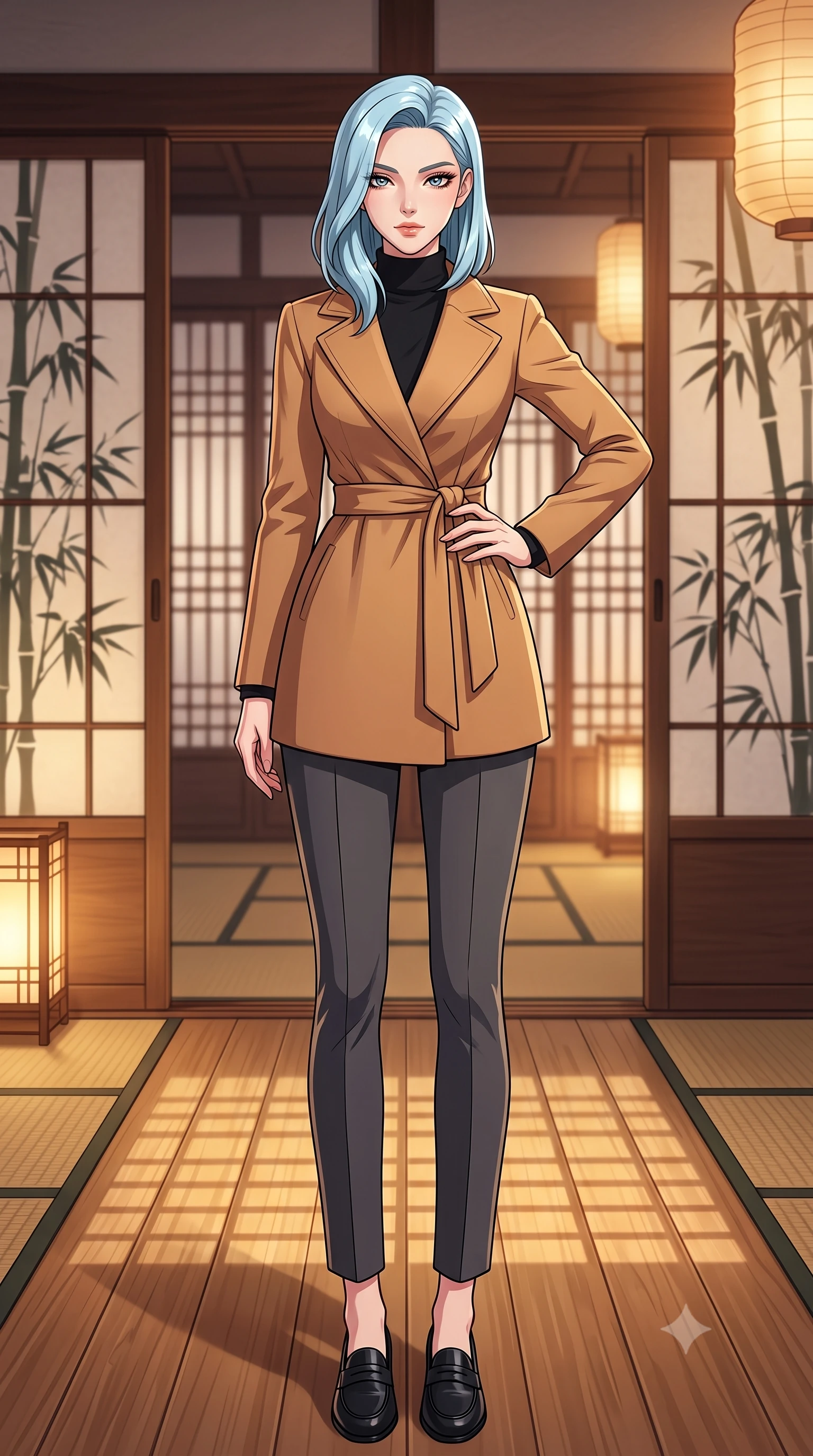 score_9, masterpiece, best quality, ultra-detailed, high-budget anime keyframe, tasteful artistic composition, Korean woman. low angle full-body shot from head to toe showing her feet, filling the entire 9:16 vertical frame with her statuesque presence, stretching her vertical silhouette. posing confidently with one hand on her hip, stretching her statuesque body to emphasize her curves the background shows a soft-focus a traditional paper screen corridor with sliding doors showing bamboo silhouettes. She has an absolutely perfect, statuesque 8.5-heads proportion, an exceptionally tall and slender model-like female figure with impossibly long slender legs and an ultra-slim waist. sharp v-shaped jawline, high-bridge nose, intricate jewel-like eyes with depth, thick eyelashes, glossy lips with a natural sheen. wearing a body-hugging warm camel-colored wrap coat over a black turtleneck sweater and charcoal slacks. warm paper lanterns casting soft, diffused grid-like shadow lines on the tatami. highly saturated vibrant anime colors, cel-shading, 2d style, master piece, 9:16 ratio