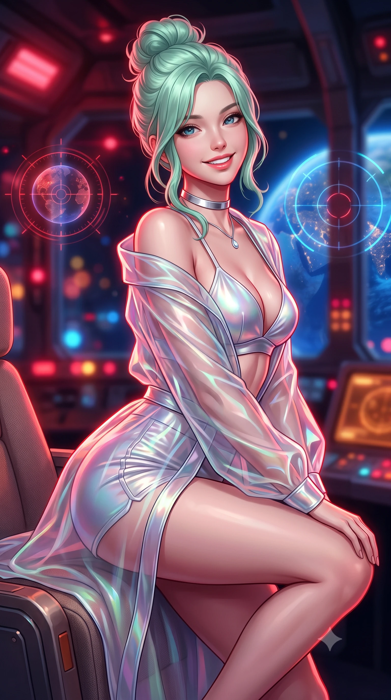 score_9, masterpiece, best quality, ultra-detailed, high-budget anime keyframe, semi-realistic 3D game render, editorial fashion photography, tasteful artistic composition, Japanese woman. close-up cowboy shot from the waist and thighs up, the character dominates the composition, filling the frame with her large presence. perched sideways on the lounge seat, one knee drawn up to showcase her slender leg line while her arched back accentuates her feminine hip curve while twisting her slender torso in an alluring S-curve, deep crimson battle-stations strobes and planetary city lights criss-crossing across her flat midriff and hourglass curves. The background shows a soft-focus pulsing crimson battle stations strobes, circular targeting reticles over planetary continents, and massive hydraulic blast shutters blurred into crimson, amber, and cobalt bokeh. She has an exceptionally elegant, slender, and willowy female figure with an ultra-slim waist, flat toned midriff, narrow ribcage, and sculpted feminine hips creating an alluring, slim hourglass silhouette without bulk. sharp v-shaped jawline, high-bridge nose, intricate jewel-like sparkling eyes with depth, thick eyelashes, glossy parted lips with a natural peach sheen, bright cheerful beaming smile with an enchanting and coquettish sensual glint, exuding both youthful cute charm and seductive allure, flawlessly proportioned anatomical accuracy, strict slender model proportions, natural body alignment, perfectly sculpted long slender limbs, ultra-slim waistline, clean dynamic posture without body distortion. wearing a translucent iridescent organza tactical robe slipping off bare shoulders over a matching satin micro-bralette and combat shorts in iridescent mother-of-pearl and liquid molten silver, made of fluid liquid jersey with seamless sculpting hold and smooth contours, finished with a minimalist chrome choker and a single teardrop diamond pendant, the second-skin tailored fabric adhering flawlessly to her sculpted flat midriff and slender torso, emphasizing her long leg lines and perfectly proportioned willowy build. illuminated by gun deck reflection bounce and sharp ruby-red rim lights defining her jawline, narrow waist, and curvy hips. highly saturated vibrant anime colors, detailed shading with soft gradients, rich glossy textures, high-contrast stereoscopic depth, volumetric dynamic lighting, master piece, 9:16 ratio