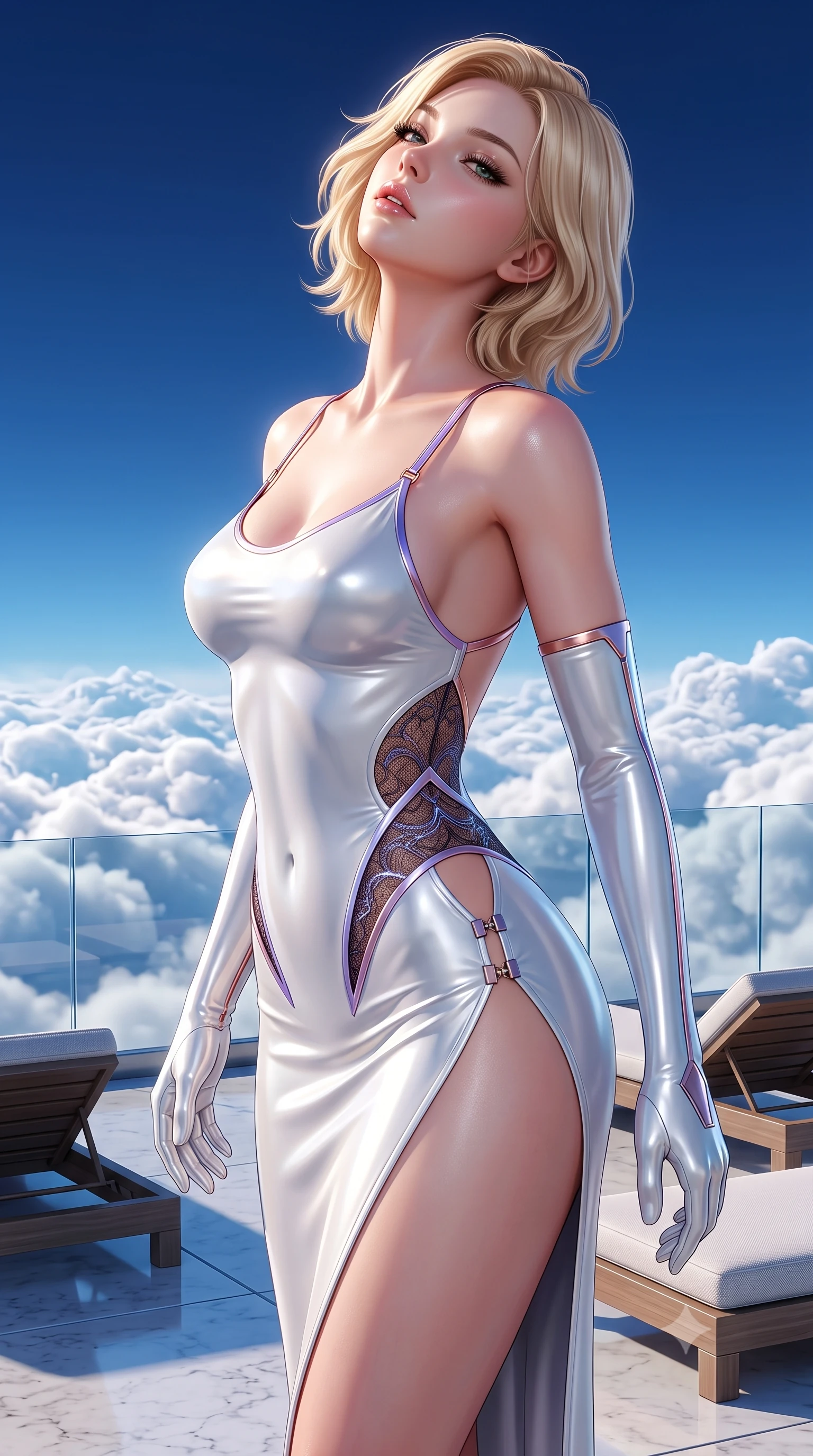 score_9, masterpiece, best quality, ultra-detailed, high-budget anime keyframe, semi-realistic 3D game render, editorial fashion photography, tasteful artistic composition, Caucasian woman. close-up cowboy shot from the waist and thighs up, the character dominates the composition, filling the frame with her large presence. tilting her head back with a sensual alluring expression, exposing her throat and shoulders to the camera with heavy lashes and softly parted glossy lips while pivoting dynamically on a polished quartz terrace suspended above rolling white cumulus cloud banks. The surrounding environment is rendered in vivid detail and crisp panoramic clarity. sharp glass parapet seams, modern luxury spa loungers, and deep blue sky in high clarity. She has an exceptionally elegant, slender, and willowy female figure with an ultra-slim waist, a gracefully sculpted slender torso, toned flat midriff, and a refined slim silhouette. sharp v-shaped jawline, high-bridge nose, intricate jewel-like eyes with depth, thick eyelashes, glossy lips with a natural sheen, flawlessly proportioned anatomical accuracy, strict slender model proportions, natural body alignment, perfectly sculpted long slender limbs, ultra-slim waistline, clean dynamic posture without body distortion. wearing a second-skin white liquid-mercury micro-bodysuit sculpted tightly to her slender build, featuring razor-thin metallic straps and hip cutouts in luminous lavender violet and rose gold, crafted from delicate dark lace interwoven with luminescent micro-fibers, finished with an ultra-high side slit secured by miniature magnetic clasps, the glove-like aerodynamic second-skin fit tightly clinging to her ultra-slender waist and athletic curves without adding bulk, accentuating her razor-sharp statuesque lines and slim hourglass silhouette. surrounded by an exhilarating, elevated, and radiantly sensual cloud-palace aura. highly saturated vibrant anime colors, detailed shading with soft gradients, rich glossy textures, high-contrast stereoscopic depth, volumetric dynamic lighting, master piece, 9:16 ratio