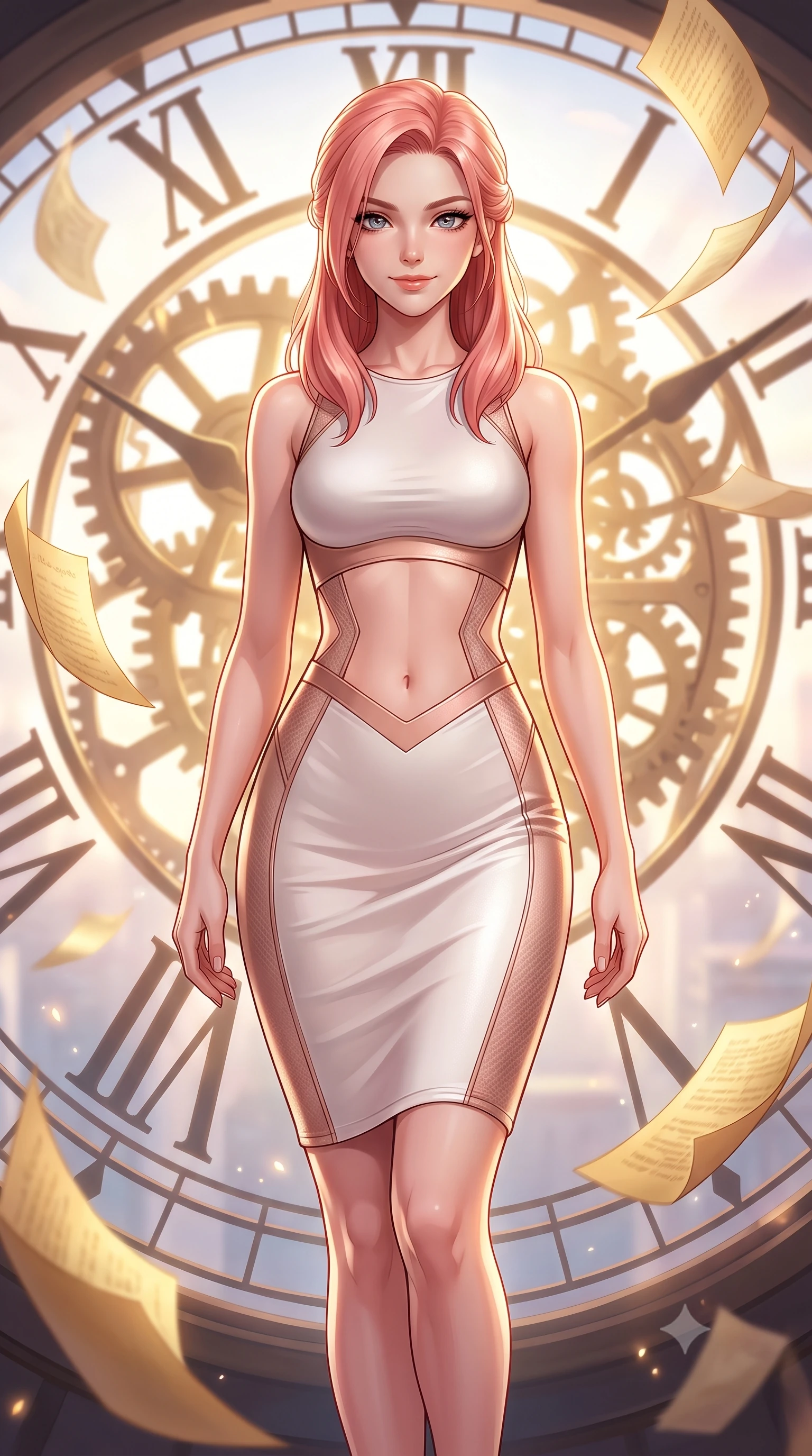 score_9, masterpiece, best quality, ultra-detailed, high-budget anime keyframe, editorial fashion photography, tasteful artistic composition, Japanese woman. close-up cowboy shot from the waist and thighs up, the character dominates the composition, filling the frame with her large presence, background elements kept in soft focus. Smiling with quiet, magnetic self-assurance directly into the lens standing atop a giant translucent Roman numeral clock dial in a high tower, golden paper pages fluttering gently around her in a magical breeze. She has an exceptionally elegant, slender, and willowy female figure with an ultra-slim waist, a gracefully sculpted slender torso, and a refined silhouette. sharp v-shaped jawline, high-bridge nose, intricate jewel-like eyes with depth, thick eyelashes, glossy lips with a natural sheen. wearing a precision-fitted liquid jersey bodycon dress with a draped back in pearl white and rose gold, made of fine carbon-fiber weave and soft matte leather, featuring subtle geometric cutouts that highlight her ultra-slim midriff, the form-contouring material highlighting her ultra-slim waist and long lines. illuminated by a brilliant golden hour glow filtering through clockwork dials. highly saturated vibrant anime colors, detailed shading with soft gradients, rich glossy textures, high-contrast stereoscopic depth, volumetric dynamic lighting, master piece, 9:16 ratio