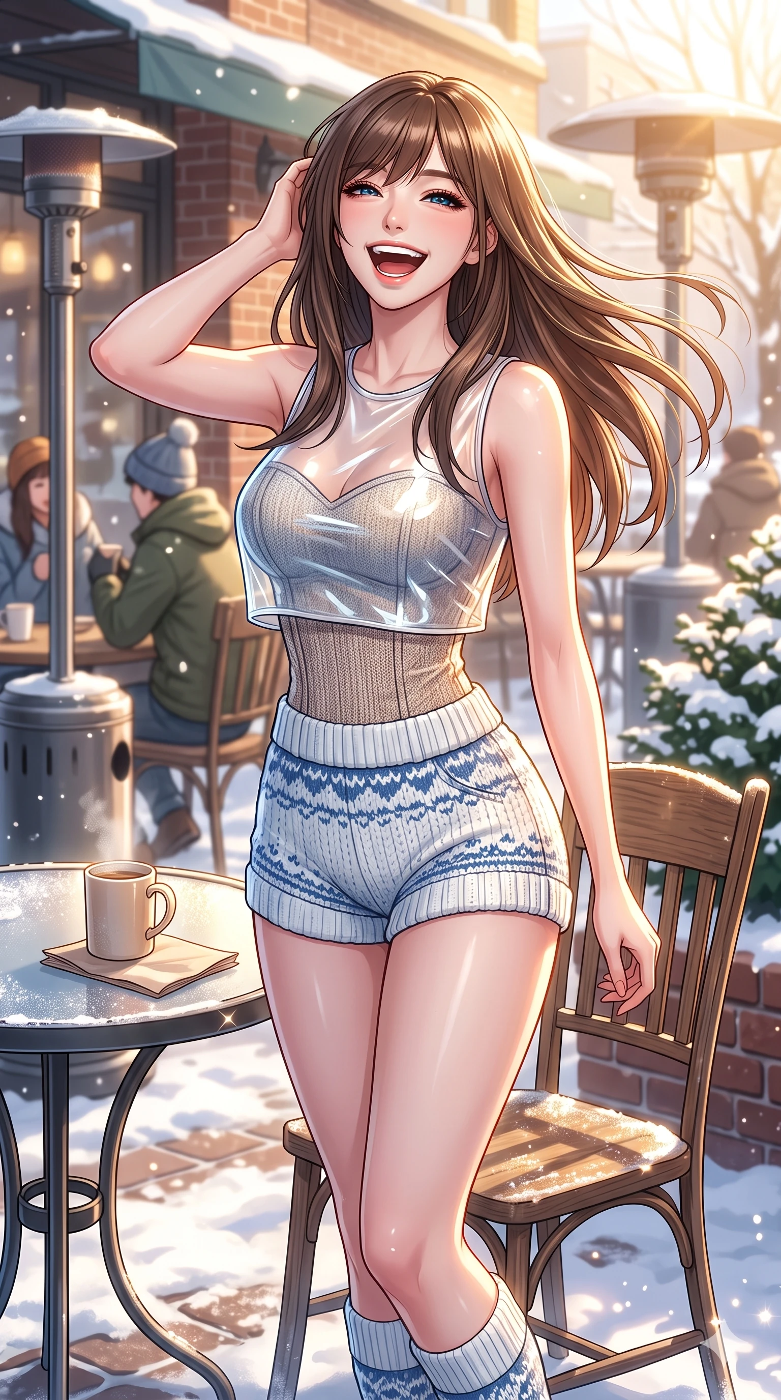 score_9, masterpiece, best quality, ultra-detailed, high-budget anime keyframe, vibrant anime aesthetic, Korean woman. cowboy shot from the thighs up, character and outfit filling the frame for maximum presence. She is posing with a delightful winter grin, tossing her hair back with a happy laugh by a bright outdoor café table in the winter afternoon (Code-P21-122). She has an absolutely perfect 8-heads proportion, an exceptionally tall and slender female figure with impossibly long slender legs and an ultra-slim waist. V-shaped jawline, high-bridge nose, intricate jewel-like eyes with depth, thick eyelashes, glossy lips with a natural sheen. wearing a translucent patent-gloss crop top worn over a structured textured bodice and knit shorts in snow. She is drenched in bright, golden winter sunshine reflecting off the white snow. 2k, ultra detail, master piece, 9:16 ratio