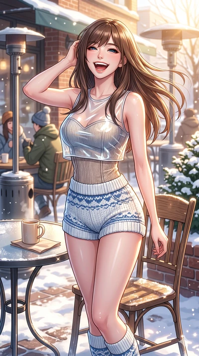 score_9, masterpiece, best quality, ultra-detailed, high-budget anime keyframe, vibrant anime aesthetic, Korean woman. cowboy shot from the thighs up, character and outfit filling the frame for maximum presence. She is posing with a delightful winter