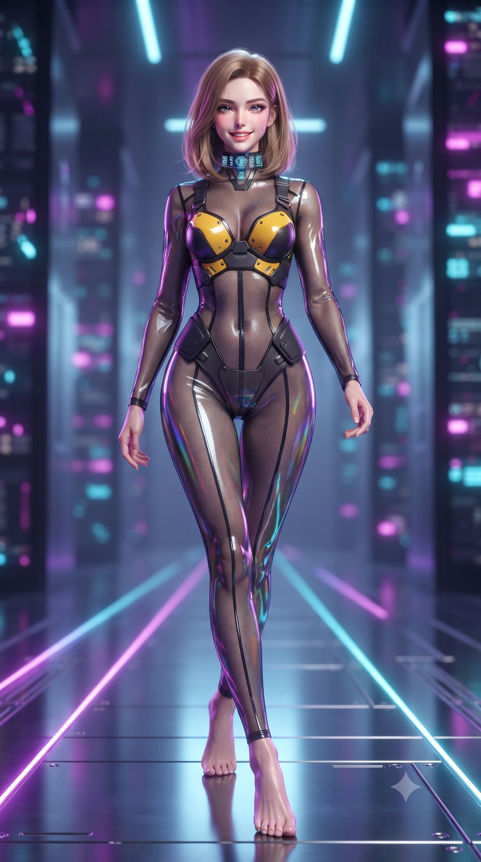 score_9, masterpiece, best quality, ultra-detailed, high-budget anime keyframe, editorial fashion photography, tasteful artistic composition, Korean woman. low angle full-body shot from head to toe showing her feet, filling the entire 9:16 vertical frame with her statuesque presence, stretching her vertical silhouette. striding forward gracefully across the reflective metal deck in mid-motion with a radiant beaming smile, hips swaying in an alluring kinetic rhythm that accentuates her curvy hourglass silhouette and long slender legs while standing poised in the center of the reflective vault floor, her tight combat suit and statuesque presence commanding the futuristic tech cathedral. The background shows a soft-focus endless towering rows of black glass quantum servers and glowing fiber-optic bundles blurred into laser magenta, cyan, and obsidian bokeh. She has an absolutely perfect, statuesque 8.5-heads proportion, an exceptionally tall and slender model-like female figure with impossibly long slender legs, an ultra-slim waist, a flat toned midriff, narrow delicate ribcage, and beautifully sculpted feminine hips creating a graceful, slim hourglass silhouette without any bulky heaviness. sharp v-shaped jawline, high-bridge nose, intricate jewel-like sparkling eyes with depth, thick eyelashes, glossy parted lips with a natural sheen, bright confident smile with an enchanting and coquettish sensual glint, exuding both youthful magnetic charm and sovereign high-tech allure, flawlessly proportioned anatomical accuracy, strict slender model proportions, natural body alignment, perfectly sculpted long slender limbs, ultra-slim waistline, clean dynamic posture without body distortion. wearing a semi-translucent smoke-black mesh tactical catsuit with reinforced carbon-fiber bustier plating in industrial hazard yellow and matte carbon black, woven from layered gossamer holographic organza casting chromatic prism reflections, complemented by a high-tech holographic choker projecting miniature glyphs, the liquid-tight tailored fabric clinging flawlessly to her narrow waist and rounded feminine hips, emphasizing every millimeter of her sculpted slim hourglass curves without any bulky heaviness. bathed in high-contrast neon laser lines of violet and cyan reflecting off glossy surfaces. ultra-reflective glossy finish, specular highlights, rich textural contrasts, high-contrast stereoscopic depth, volumetric dynamic lighting, 2k, ultra detail, master piece, 9:16 ratio