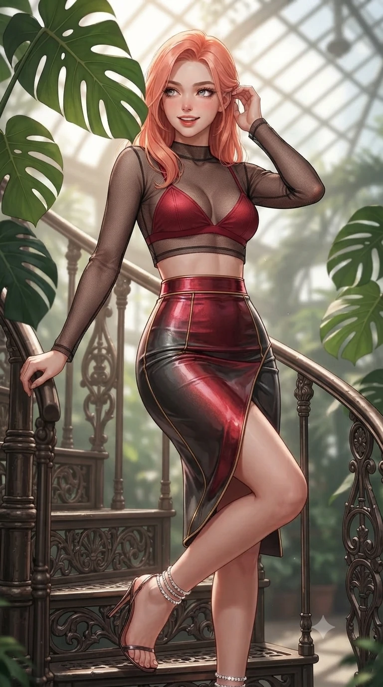 score_9, masterpiece, best quality, ultra-detailed, high-budget anime keyframe, editorial fashion photography, tasteful artistic composition, Japanese woman. close-up cowboy shot from the waist and thighs up, the character dominates the composition, filling the frame with her large presence. gently brushing a lock of glossy hair behind her ear while casting a playful, flirtatious side-gaze with long eyelashes while leaning against the ornate cast-iron spiral stair railing with hips cocked back, looking through split monstera leaves with an irresistible, parted-lip smile. The background shows a soft-focus Victorian architectural palm house softened in botanical shallow focus. She has an exceptionally elegant, slender, and willowy female figure with an ultra-slim waist, flat toned midriff, narrow ribcage, and sculpted feminine hips creating an alluring, slim hourglass silhouette without bulk. sharp v-shaped jawline, high-bridge nose, sparkling eyes with hypnotic seductive depth, thick curled eyelashes, glossy parted lips with a natural dewy peach sheen, alluring bedroom-eyes with an enchanting coquettish smile, exuding magnetic siren charisma and sophisticated glamour, flawlessly proportioned anatomical accuracy, strict slender model proportions, natural body alignment, perfectly sculpted long slender limbs, ultra-slim waistline, clean dynamic posture without body distortion. wearing a delicate sheer mesh long-sleeve crop top layered over an opaque strappy micro-bralette and tight metallic skirt in rich cherry lacquer and smoky charcoal with gold piping, woven from bespoke sun-bleached selvedge linen with rich tactile slub texture, complemented by strappy stiletto sandals with crystal ankle wraps accentuating her slender calves, the high-slit wrap tailoring accentuating her ultra-slim waistline and the enchanting curve of her feminine hips with alluring seductive charm. illuminated by glasshouse floor reflection bounce and sharp warm-gold rim lights sculpting her jawline, ultra-slim waist, and curvy hips. ultra-reflective glossy finish, specular highlights, rich textural contrasts, high-contrast stereoscopic depth, volumetric dynamic lighting, 2k, ultra detail, master piece, 9:16 ratio