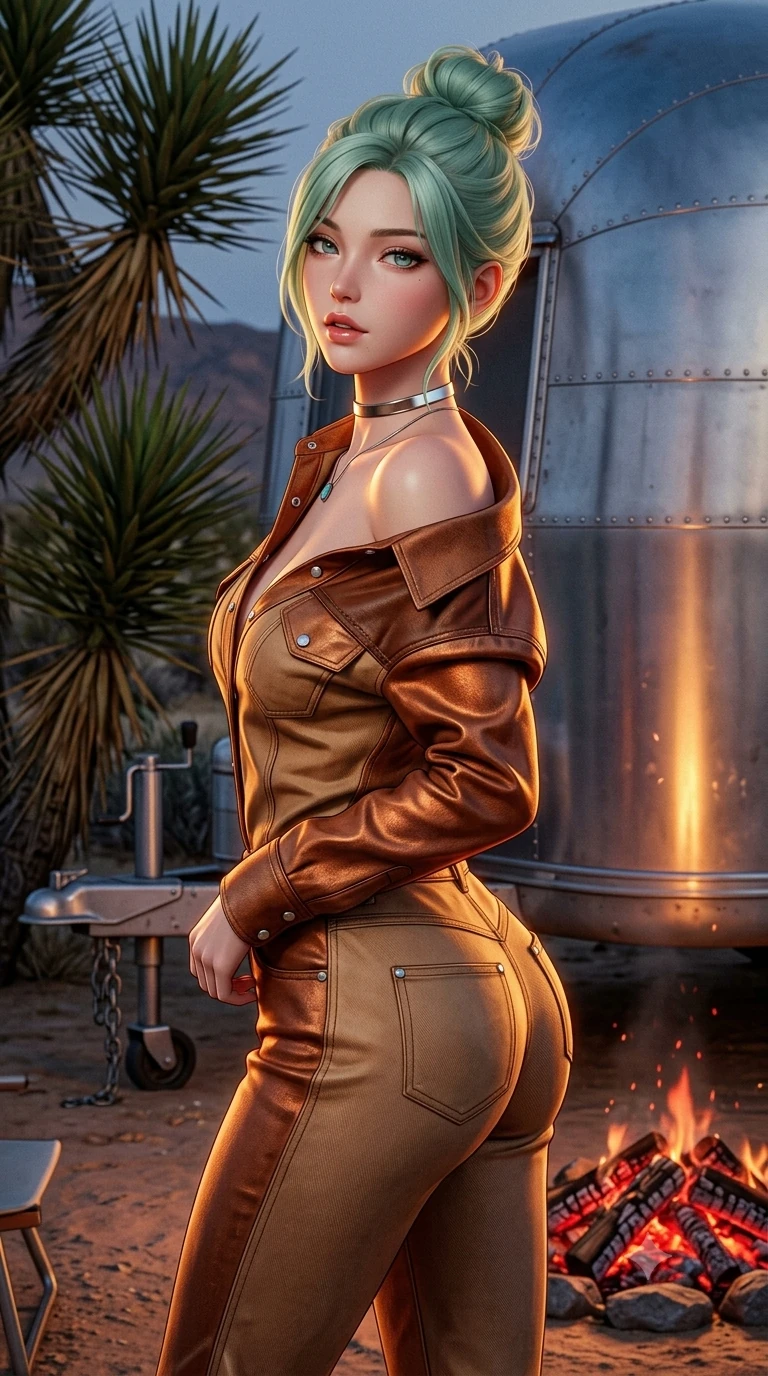 score_9, masterpiece, best quality, ultra-detailed, high-budget anime keyframe, semi-realistic 3D game render, editorial fashion photography, tasteful artistic composition, Japanese woman. close-up cowboy shot from the waist and thighs up, the character dominates the composition, filling the frame with her large presence. posing in an alluring rear three-quarter angle, looking over a bare shoulder with parted glossy lips, her hips cocked back to highlight her slim hourglass curve while twisting her slender torso in an alluring contrapposto stance beside the trailer hitch, warm fire embers and aluminum reflections tracing her flat midriff and hips. The surrounding environment is rendered in vivid detail and crisp panoramic clarity: sharp crackling mesquite wood coals, aluminum trailer rivet seams, and spiky Joshua tree leaves in deep focus. She has an exceptionally elegant, slender, and willowy female figure with an ultra-slim waist, flat toned midriff, narrow ribcage, and sculpted feminine hips creating an alluring, slim hourglass silhouette without bulk. sharp v-shaped jawline, high-bridge nose, sparkling eyes with hypnotic seductive depth, thick curled eyelashes, glossy parted lips with a natural dewy peach sheen, alluring bedroom-eyes with an enchanting coquettish smile, exuding magnetic siren charisma and sophisticated glamour, flawlessly proportioned anatomical accuracy, strict slender model proportions, natural body alignment, perfectly sculpted long slender limbs, ultra-slim waistline, clean dynamic posture without body distortion. wearing a bespoke tailored denim jumpsuit with structured collar and polished western pearl snap buttons in molten metallic copper and radiant desert sand, crafted from rugged heavy-duty canvas and oiled leather with authentic desert durability, finished with a minimalist chrome choker and a single turquoise stone pendant, the bespoke structured tailoring following the natural line of her 8.5-heads silhouette with refined elegance. illuminated by aluminum trailer reflection bounce and sharp amber-gold rim lighting sculpting her jawline, flat midriff, and voluptuous hip curves. highly saturated vibrant anime colors, detailed shading with soft gradients, rich glossy textures, high-contrast stereoscopic depth, volumetric dynamic lighting, master piece, 9:16 ratio