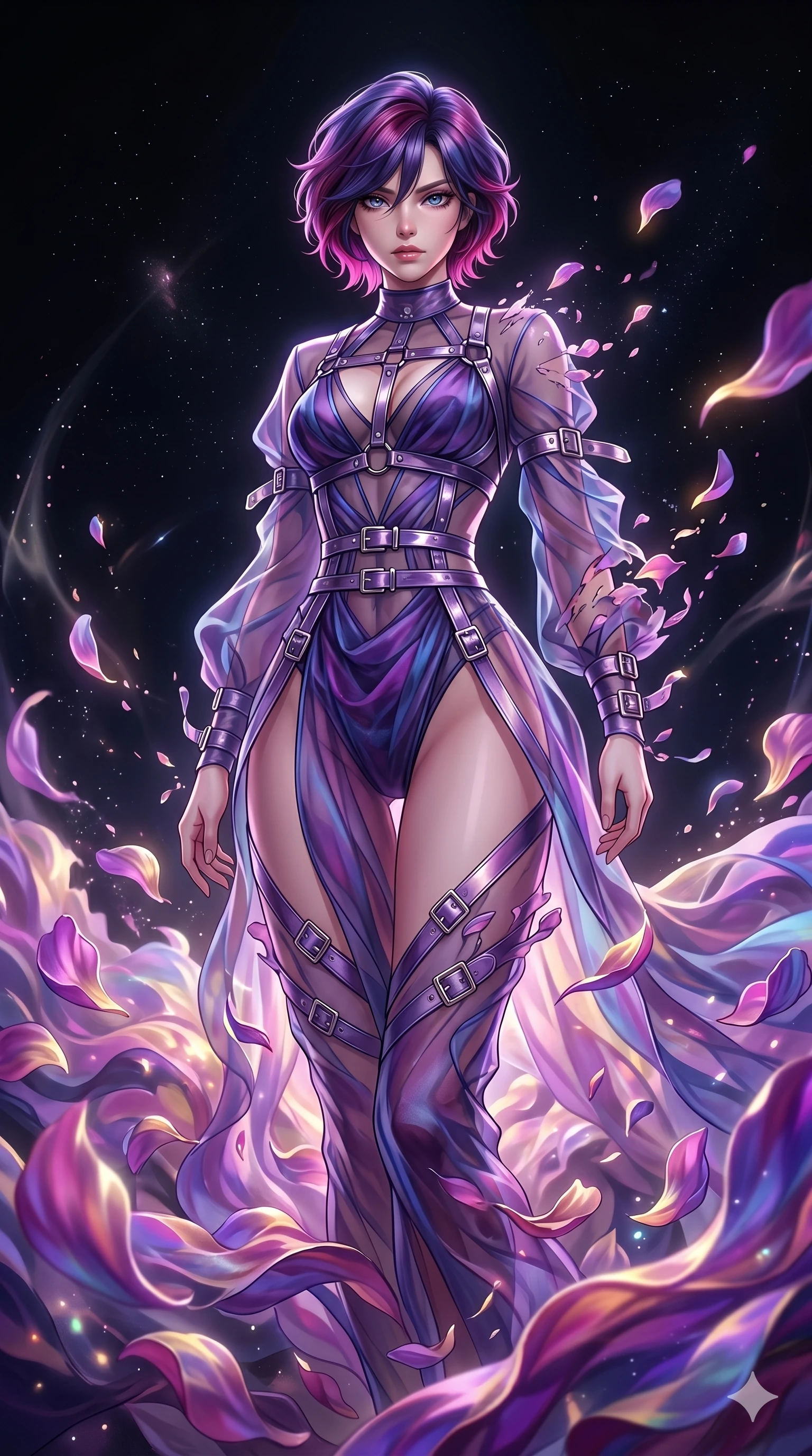 score_9, masterpiece, best quality, ultra-detailed, High-budget Anime Keyframe, East Asian woman. Low angle cowboy shot filling the entire 9:16 frame with her statuesque presence. Scenario 281: Dissolving into a cloud of iridescent silk petals in a void. Her presence is magnetic and overpowering in this high-budget anime scene. Outfit 281: A sheer organza dangerous with a high-cut leg line and metallic buckles. The clothing is designed to emphasize her exceptionally tall and slender 8-heads proportion. 8-heads proportion, towering silhouette, ultra-slim waist. sharp v-shaped jawline, intricate jewel-like eyes with depth, thick eyelashes, glossy lips. 2k, ultra detail, master piece, 9:16 ratio