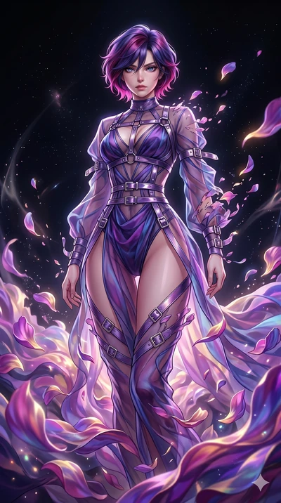score_9, masterpiece, best quality, ultra-detailed, High-budget Anime Keyframe, East Asian woman. Low angle cowboy shot filling the entire 9:16 frame with her statuesque presence. Scenario 281: Dissolving into a cloud of iridescent silk petals in a v