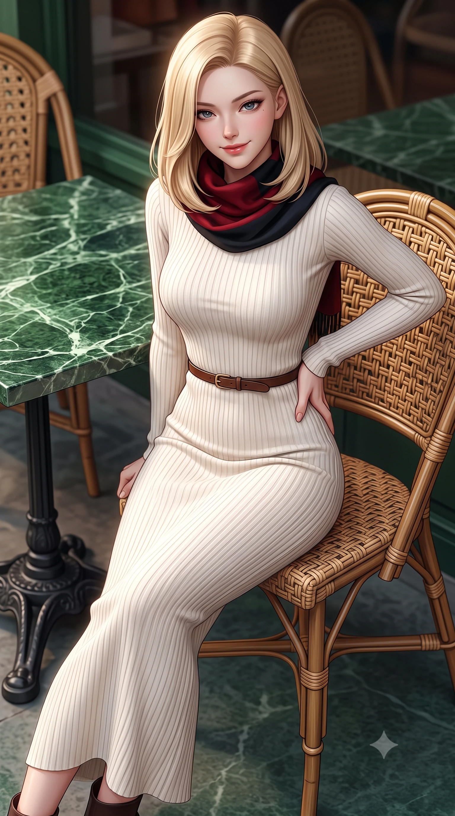 score_9, masterpiece, best quality, ultra-detailed, high-budget anime keyframe, semi-realistic 3D game render, editorial fashion photography, tasteful artistic composition, Korean woman. close-up cowboy shot from the waist and thighs up, the character dominates the composition, filling the frame with her large presence. arching her lower back slightly with one hand resting on her sculpted hip, looking into the camera with an enchanting and coquettish smile while leaning back slightly against the wicker rattan café chair, ankles crossed, enjoying the crisp autumn air with effortless chic. The surrounding environment is rendered in vivid detail and crisp panoramic clarity: sharp green marble tabletop veining, intricate woven rattan chair patterns, and cast-iron table base curves in deep focus. She has an exceptionally elegant, slender, and willowy female figure with an ultra-slim waist, flat toned midriff, narrow ribcage, and sculpted feminine hips creating an alluring, slim hourglass silhouette without bulk. sharp v-shaped jawline, high-bridge nose, intricate jewel-like sparkling eyes with depth, thick eyelashes, glossy parted lips with a natural peach sheen, bright cheerful beaming smile with an enchanting and coquettish sensual glint, exuding both youthful cute charm and seductive allure, flawlessly proportioned anatomical accuracy, strict slender model proportions, natural body alignment, perfectly sculpted long slender limbs, ultra-slim waistline, clean dynamic posture without body distortion. wearing a form-contouring ribbed knit bodycon maxi dress in snow ivory with a cozy high cowl-neck hugging every curve in Kyoto autumn maple crimson and deep ink black, made of high-gauge compact silk knit that hugs her curves with seamless sculpted precision, finished with a slim equestrian bridle-leather belt cinched tightly at the narrowest point of her waist, the second-skin tailored fabric adhering flawlessly to her sculpted flat midriff and slender torso, emphasizing her long leg lines and perfectly proportioned willowy build. illuminated by zinc counter and marble tabletop bounce with delicate platinum rim lights sculpting her features and slender waist. highly saturated vibrant anime colors, detailed shading with soft gradients, rich glossy textures, high-contrast stereoscopic depth, volumetric dynamic lighting, master piece, 9:16 ratio