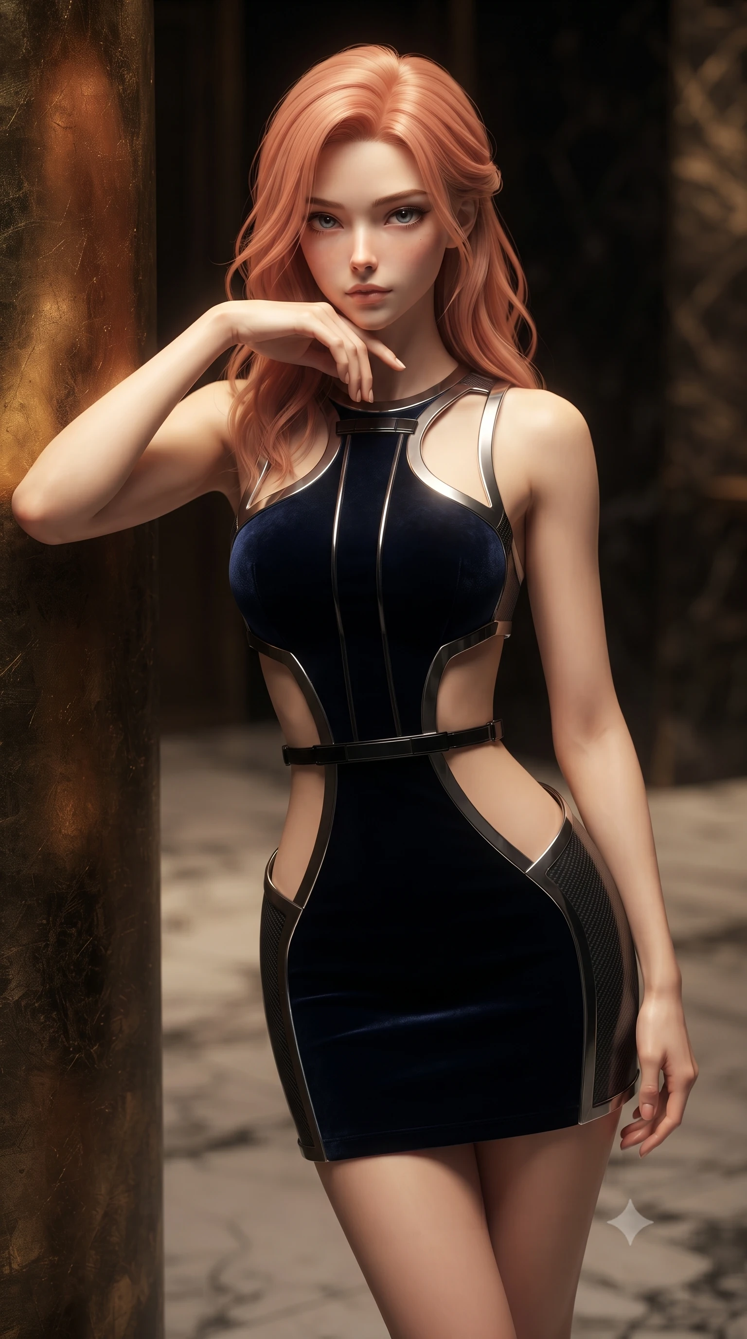score_9, masterpiece, best quality, ultra-detailed, high-budget anime keyframe, editorial fashion photography, tasteful artistic composition, Japanese woman. close-up cowboy shot from the waist and thighs up, the character dominates the composition, filling the frame with her large presence, background elements kept in soft focus. Resting her chin on the backs of her fingers with an air of effortless superiority, resting against a gold-leaf accent pillar under a single warm key spotlight, high-contrast black velvet and dark leather absorbing ambient darkness. She has an exceptionally elegant, slender, and willowy female figure with an ultra-slim waist, a gracefully sculpted slender torso, and a refined silhouette. sharp v-shaped jawline, high-bridge nose, intricate jewel-like eyes with depth, thick eyelashes, glossy lips with a natural sheen. wearing dramatic architectural open-waist cutout mini dress in dark velvet framed by chrome hardware in midnight navy blue, made of matte carbon-fiber weave, adorned with minimalist black onyx hardware framing the silhouette, sculpting her athletic slender build with refined precision. lit by intense golden spotlighting contrasting against dark velvet shadows. ultra-reflective glossy finish, specular highlights, metallic sheen, high-contrast stereoscopic depth, volumetric dynamic lighting, 2k, ultra detail, master piece, 9:16 ratio