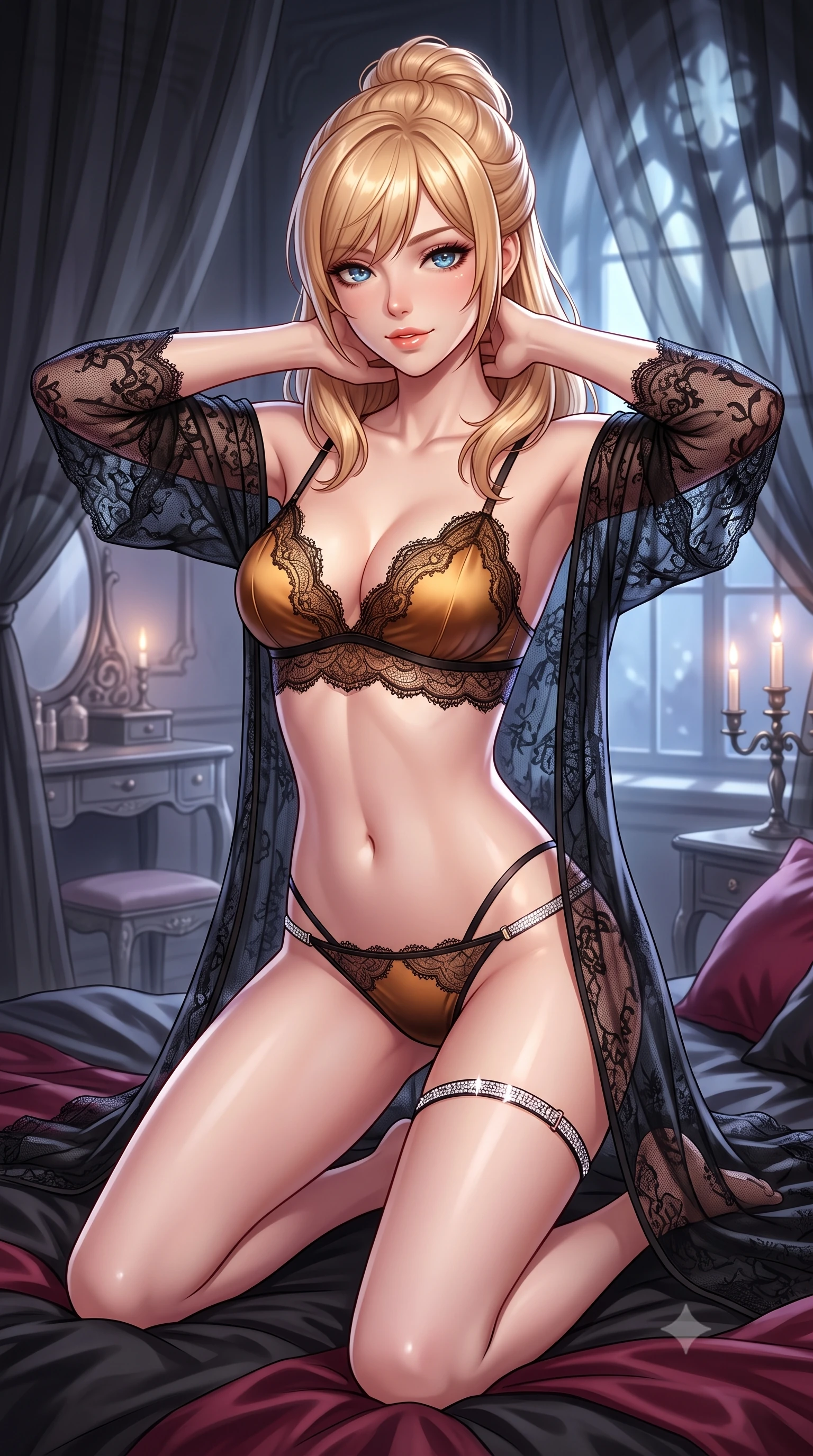 score_9, masterpiece, best quality, ultra-detailed, high-budget anime keyframe, semi-realistic 3D game render, editorial fashion photography, tasteful artistic composition, Caucasian woman. close-up cowboy shot from the waist and thighs up, the character dominates the composition, filling the frame with her large presence. resting both hands lightly behind her neck with elbows raised, arching her spine to highlight her narrow waist, flat midriff, and breathtaking collarbones while kneeling gracefully on the lavish black-and-burgundy silk bedding, arching her lower back with breathless bedroom-allure. The background shows a soft-focus floating sheer black organza canopy curtains, antique gothic vanities, and moonlight blurred into charcoal, lavender, and silver bokeh. She has an exceptionally elegant, slender, and willowy female figure with an ultra-slim waist, flat toned midriff, narrow ribcage, and sculpted feminine hips creating an alluring, slim hourglass silhouette without bulk. sharp v-shaped jawline, high-bridge nose, sparkling eyes with hypnotic seductive depth, thick curled eyelashes, glossy parted lips with a natural dewy peach sheen, alluring bedroom-eyes with an enchanting coquettish smile, exuding magnetic siren charisma and sophisticated glamour, flawlessly proportioned anatomical accuracy, strict slender model proportions, natural body alignment, perfectly sculpted long slender limbs, ultra-slim waistline, clean dynamic posture without body distortion. wearing a delicate semi-sheer black Chantilly lace boudoir robe worn loose and slipping off bare shoulders over a matching satin bralette in warm amber honey and antique gold leaf with dark shadow gradients, made of delicate semi-sheer French Chantilly lace with intricate eyelash edges, finished with delicate crystal-encrusted thigh garter straps glinting under the lights, the form-contouring silhouette accentuating her sculpted flat midriff, narrow delicate ribcage, and gracefully curvy hips with intoxicating allure. bathed in cool moonlight streaming through tall gothic windows mixed with soft bedside candelabra warmth. highly saturated vibrant anime colors, detailed shading with soft gradients, rich glossy textures, high-contrast stereoscopic depth, volumetric dynamic lighting, master piece, 9:16 ratio